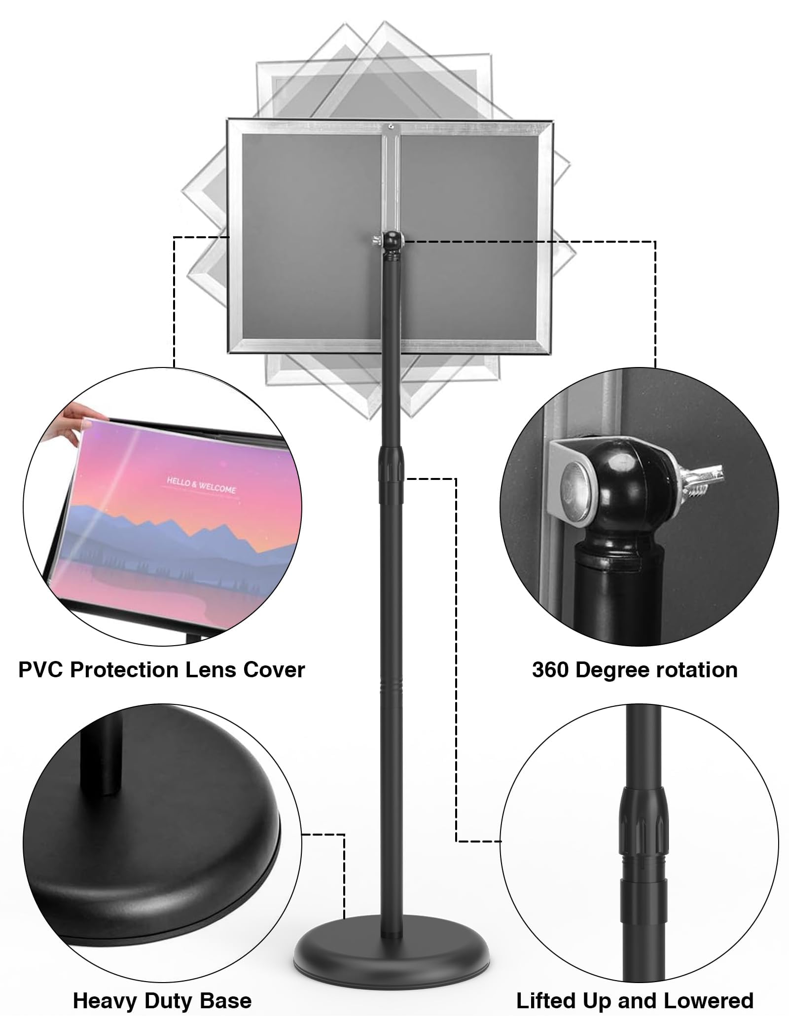 KOOV Soporte para carteles de 8.5 x 11 pulgadas, soporte ajustable para carteles, soporte de pie para carteles, pedestal resistente con base redonda para exhibición, publicidad y al aire libre