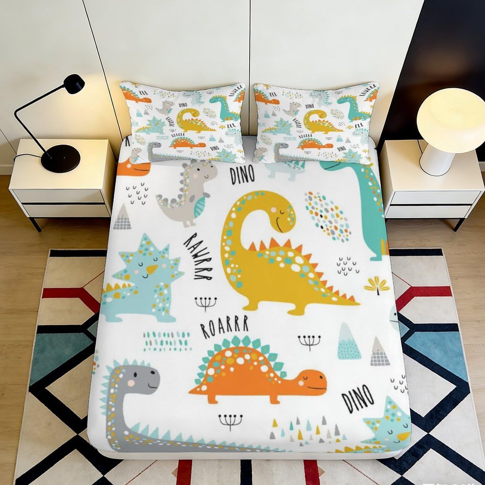 3D Printed Colorful Dinosaur Fitted Sheet Microfiber Soft Breathable Cartoon Dino Bed Cover for Bedroom Dormitory Guest Room Mattress Protection 200x200x25cm