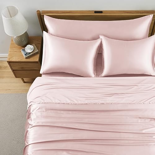 Miniatura 2 de Entisn Juego de sábanas de satén sedoso de 5 piezas, juego de sábanas de satén tamaño Queen, juego de ropa de cama de lujo rosa rubor, juego de
