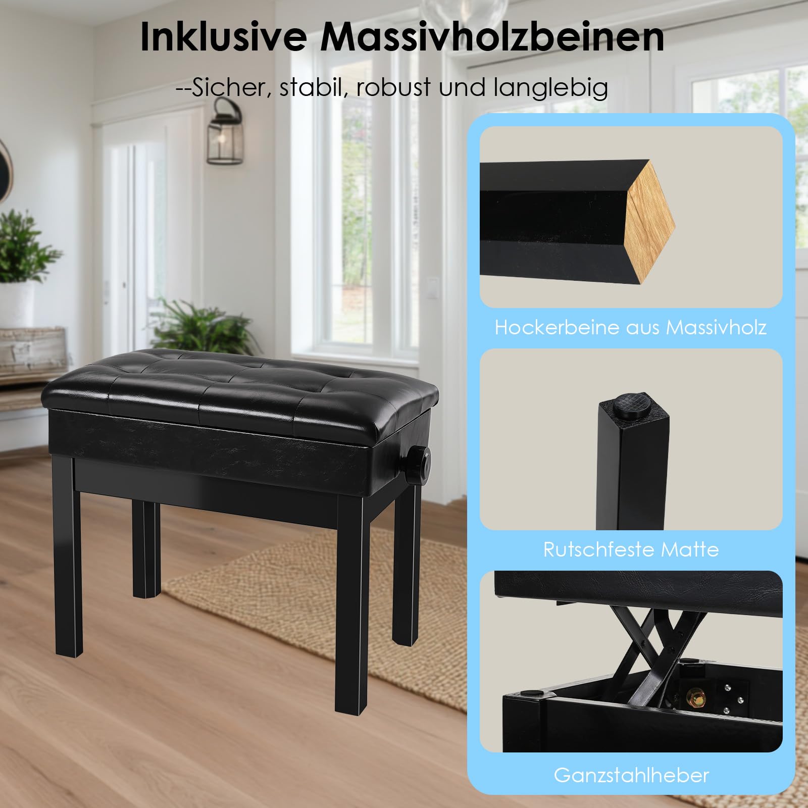 MAMIZO Sgabello Pianoforte Regolabile in Altezza 48-58 CM, Panca Pianoforte | Sgabello Pianoforte con Spazio di Archiviazione, 4PCS Gambe in Legno Massello Sgabello Tastiera, Max 150KG, Nero