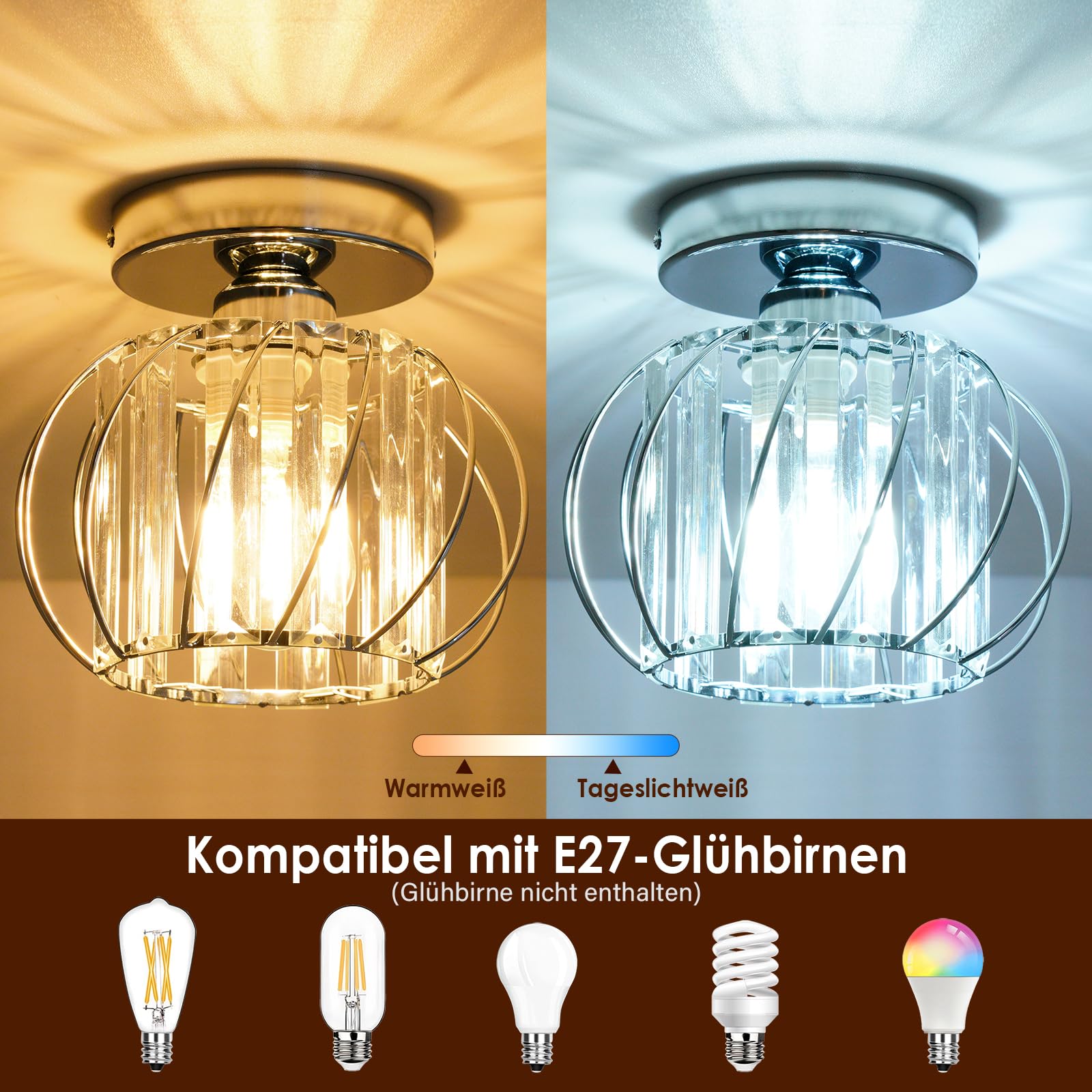Kristall Deckenleuchte, Moderne Kristall Kronleuchter Silber, Semi Unterputz Deckenleuchte mit Glas Lampenschirm für Wohnzimmer, Schlafzimmer, Küche, Esszimmer, Flur, Badezimmer, Foyer, Bar