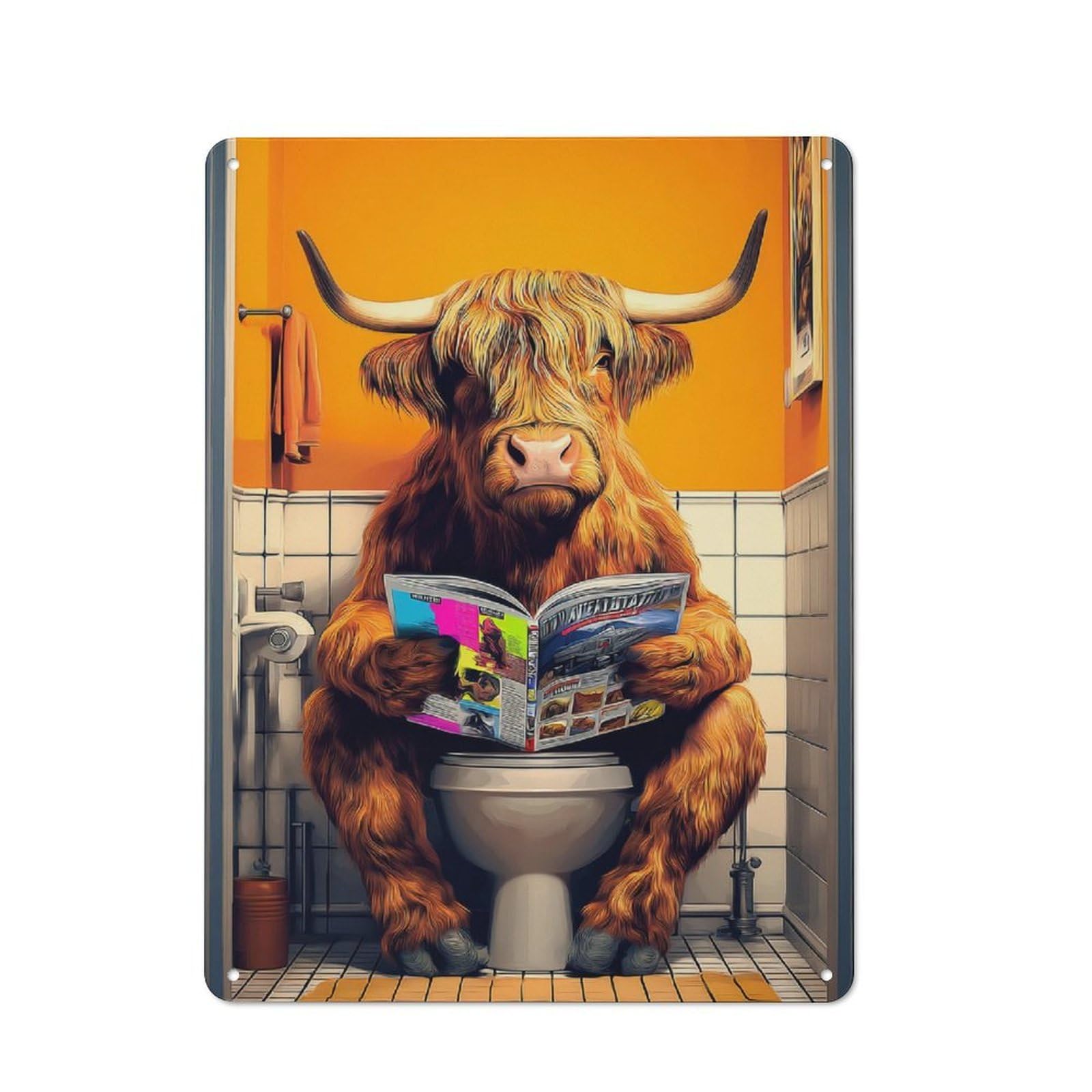 Junmoney Highland Cow Reading Magazine On Toilet Metal Wall Plaque With Design 40X30cm, Old Fashioned Vintage Wall Decor For Living Room, Hallway, Kitchen Or Cafe