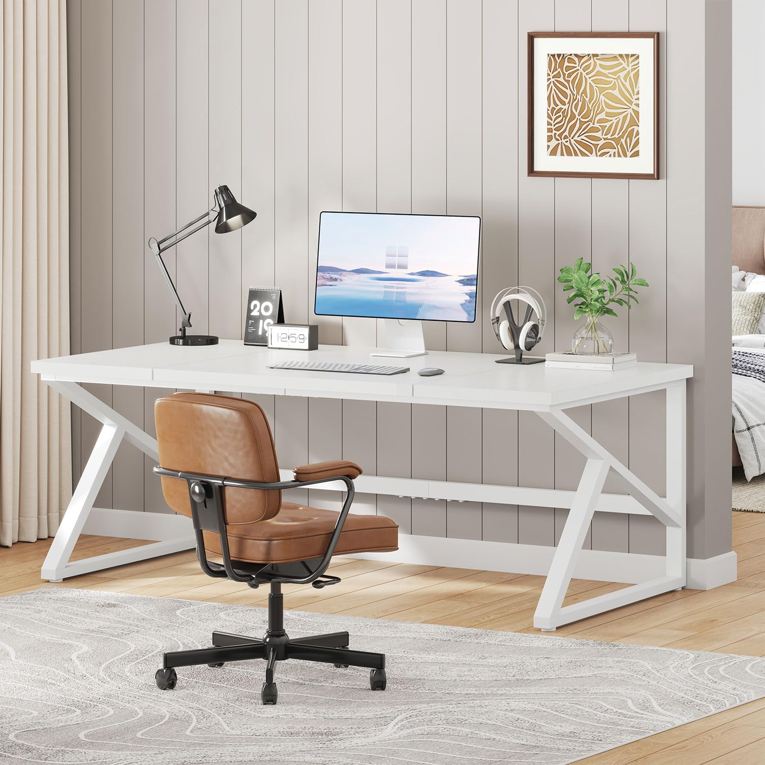 IBF Großschreibtisch 180cm Weiß,Tisch Holz-Metall Gaming Homeoffice | 180cm 2-Personen Schreibtisch Holz-Metall mit großer Platte für Monitore, geeignet für Gaming, Studium & Homeoffice