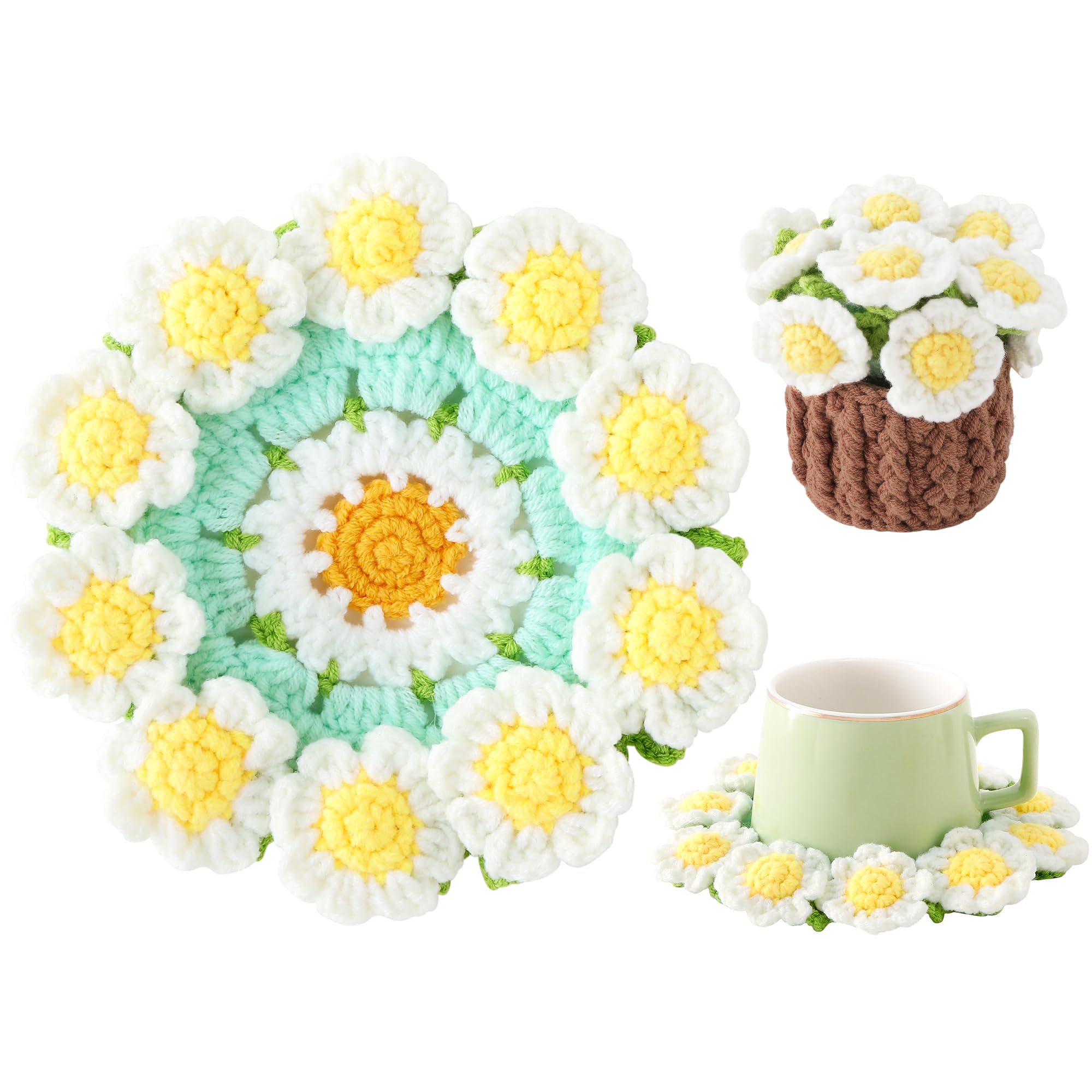 Litvana Flower Crochet Coasters, Handmade Bouquet Blanket Coaster with Crochet Plant Pot Fun Soft Decorative Drink Coasters for Coffee Tabletop Protection and Home Decor (White and Yellow)