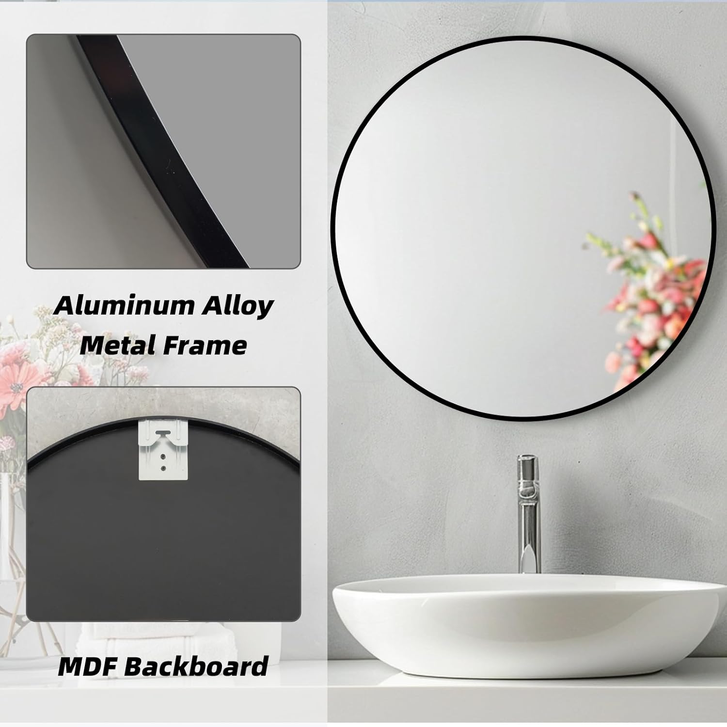Black Round Mirror, 20 Inch Black Circle Mirror, Metal Frame Round Wall Mounted Mirrors for Bathroom, Living Room, Bedroom, Entryway, Vanity