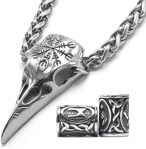Collar de calavera de cuervo vikingo nórdico, acero inoxidable, martillo de Thor, joyería para hombres y mujeres, cuentas de barba vikinga, regalo