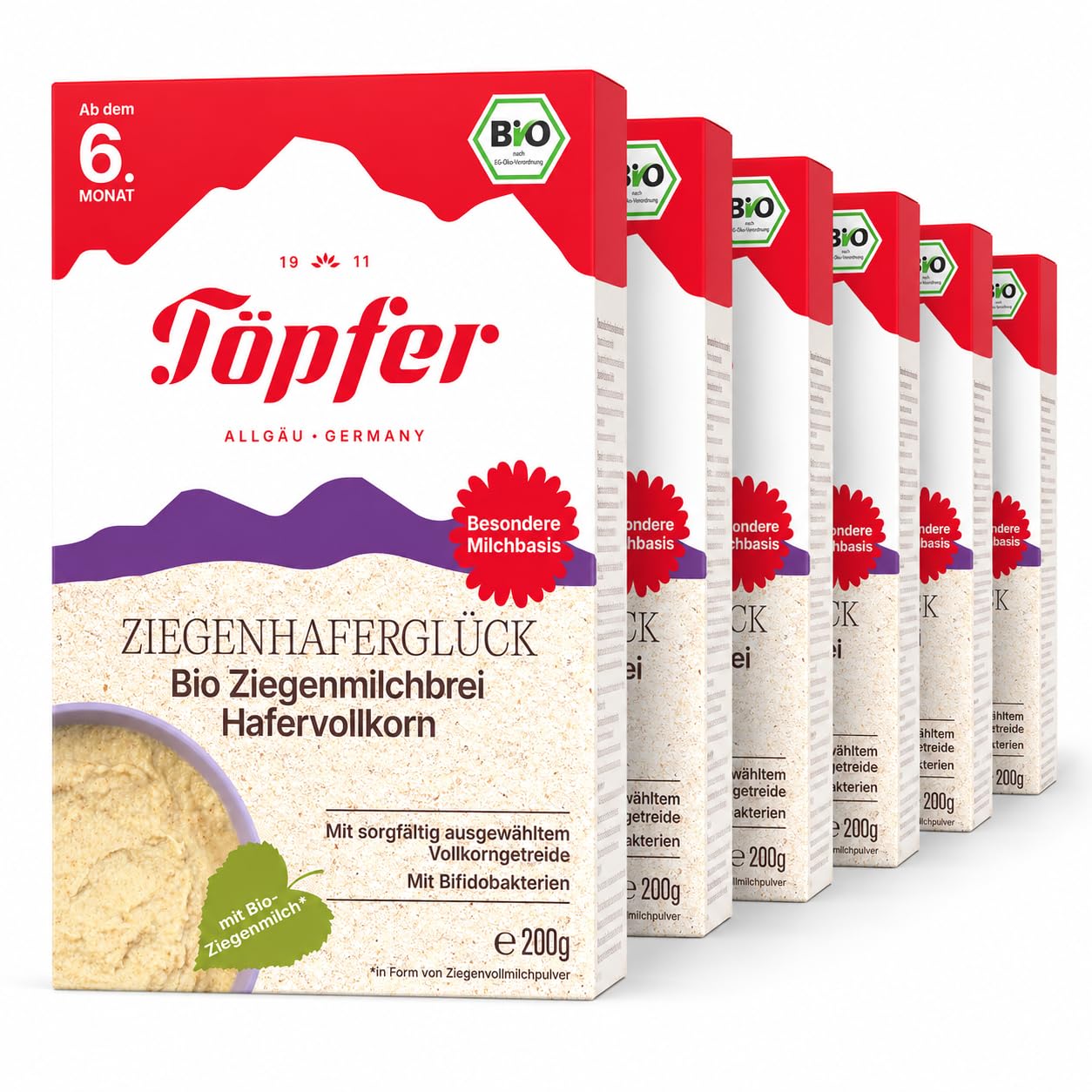 Töpfer Ziegenhaferglück Bio Ziegenmilchbrei Hafervollkorn – Babybrei ab dem 6. Monat – mit Ziegenmilch – leicht verdaulich – ohne Zuckerzusatz & ohne Aromen – 6x200g