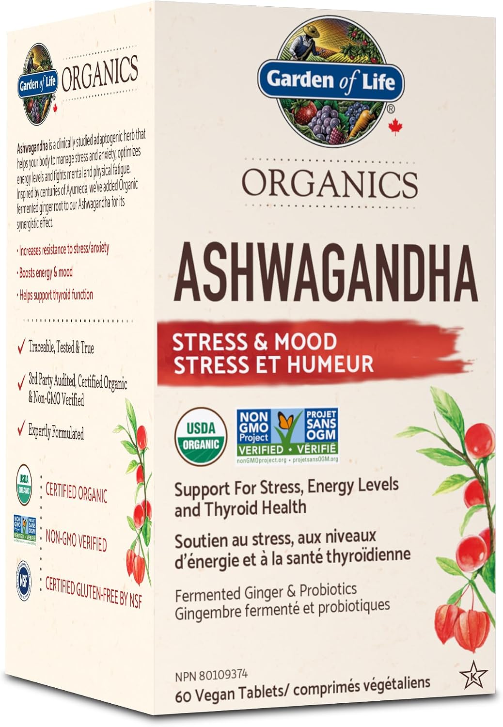 Garden of Life Organics Ashwagandha, 60 Tablets | Provides Energy and Mood Support, Helps Increase Resistance to Stress and Anxiety, Supports Thyroid Funcion | Non-GMO, Gluten-Free, Vegan, Kosher