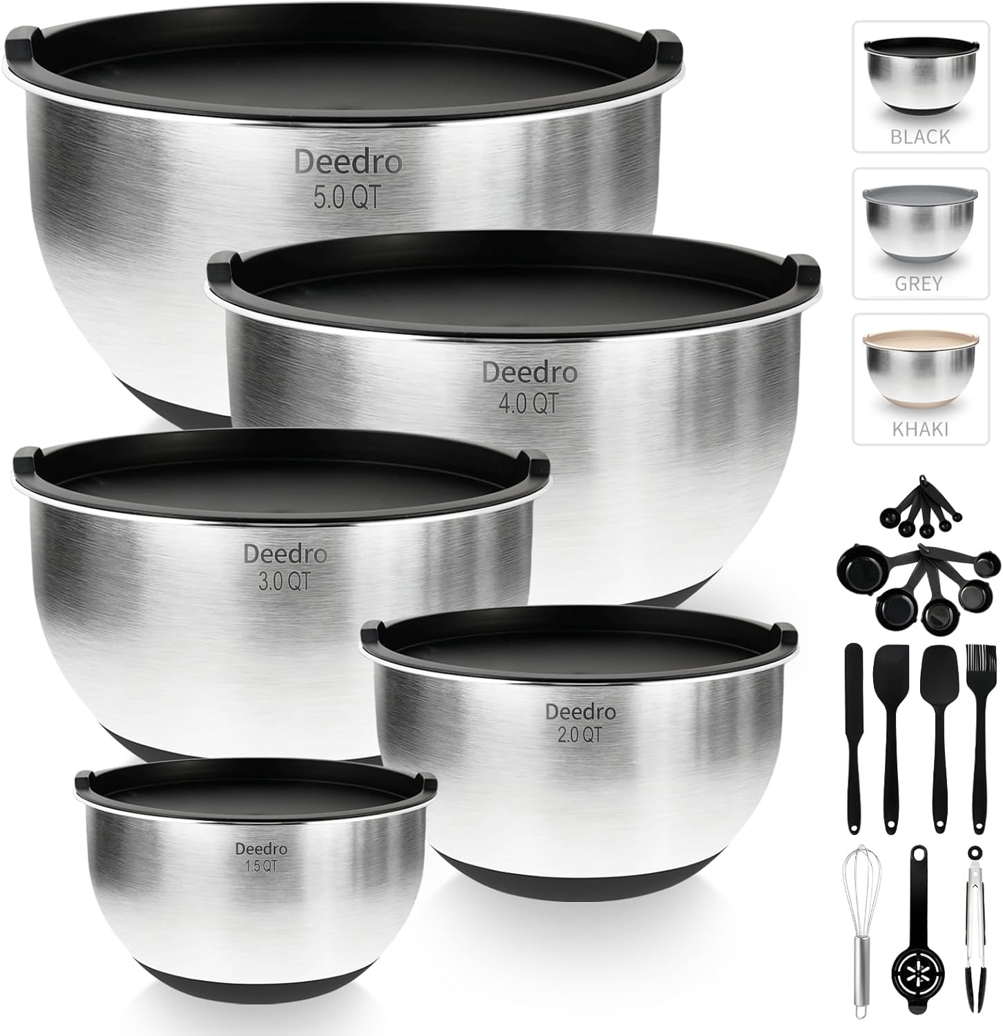 Deedro Premium Mixing Bowls with Airtight Lids Set, 22Pcs Thicker Stainless Steel Mixing Bowl Set, Large Prep Metal Bowls, Non-Slip Silicone Base Nesting Bowls for Kitchen, 1.5/2/3/4/5 QT, Black