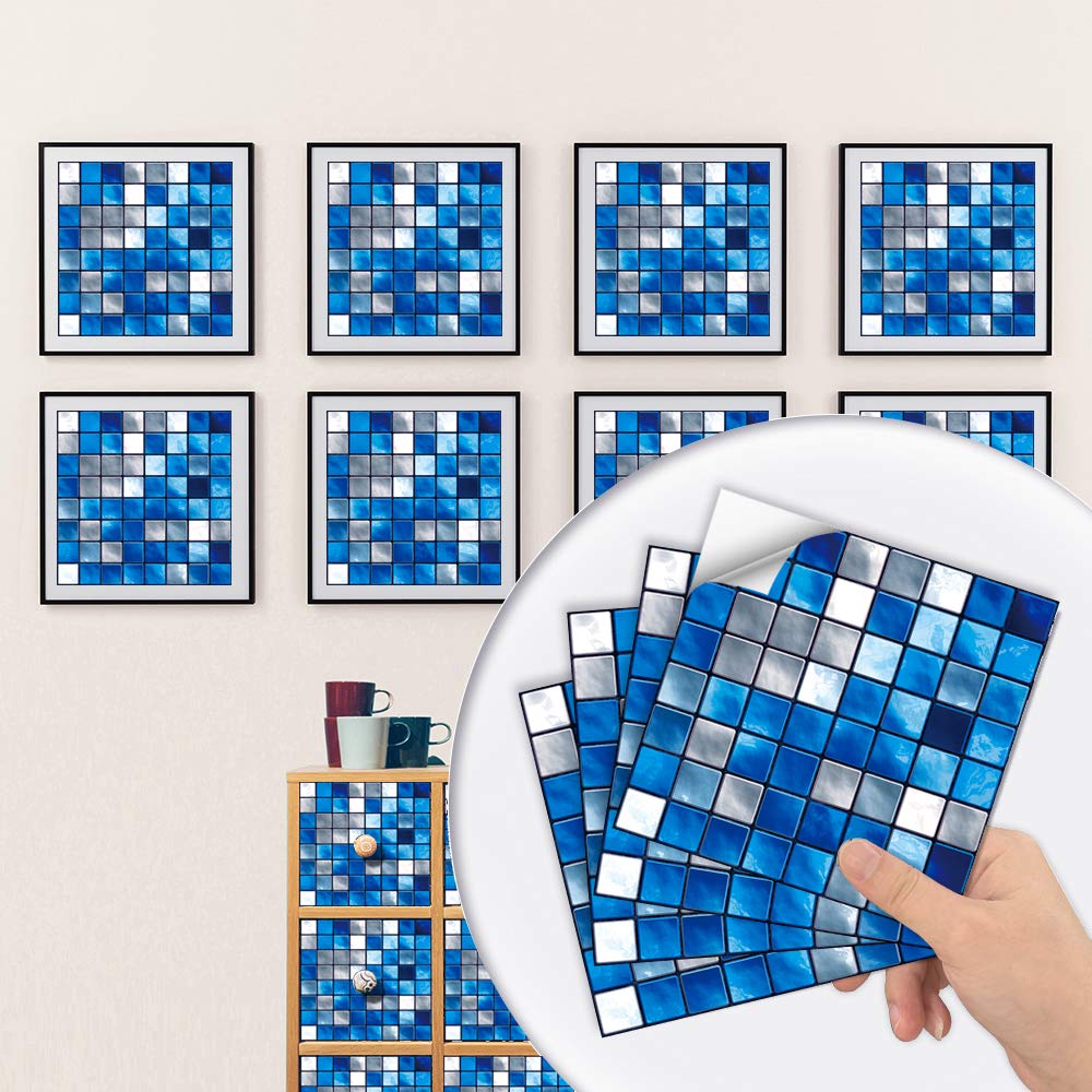 LMYSXAOZ Tile Stickers Mosaic Gemstone Blue Stick On Tiles,Self Adhesive Wall Tiles for Kitchen Bathroom,Vinyl Peel and Tiles,Stick Waterproof Oilproof 10 PC(20x20cm)