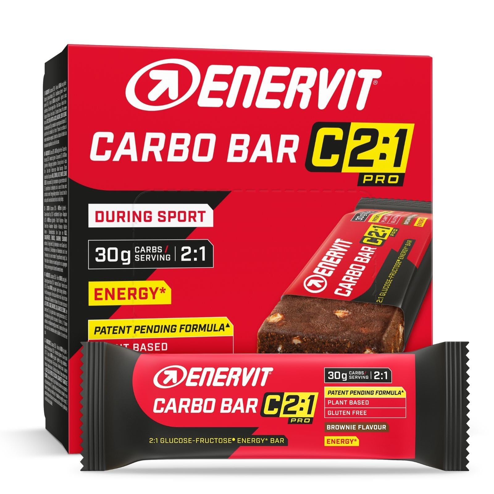 Enervit Carbo Bar C2:1PRO Brownie – Vegan Energieriegel mit 30 g Kohlenhydraten und 50% schneller absorbierten Kohlenhydraten, Schokoladengeschmack, für Ausdauersport, Glutenfrei, 12 Riegel à 45 g