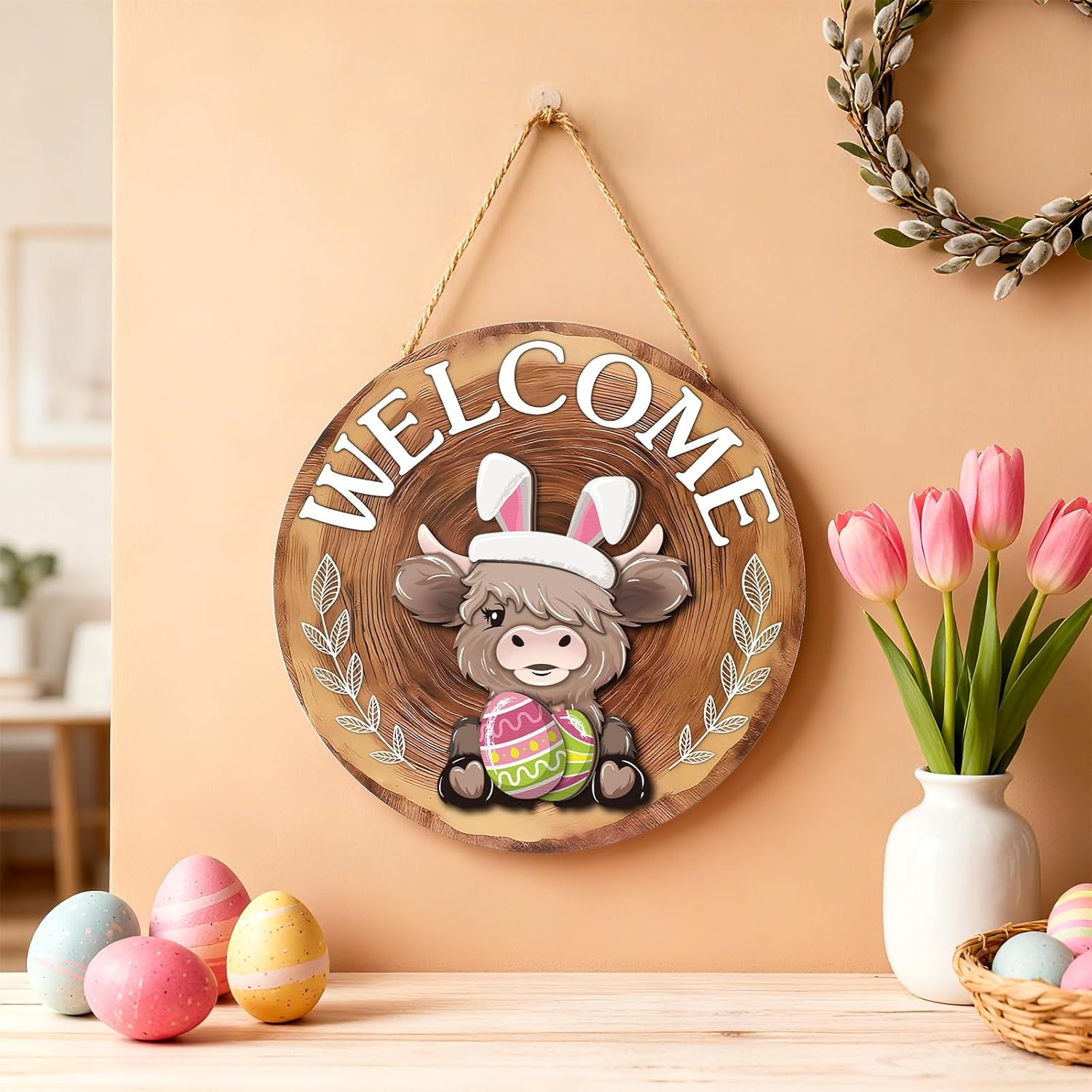 35 Pcs Holiday Interchangeable Highland Cow Welcome Sign Highland Cow Seasonal Wooden Hanging Door Decor Patriotic Farmhouse Hanging Sign for Front Door Graduation Party Decoration(Red Brown)