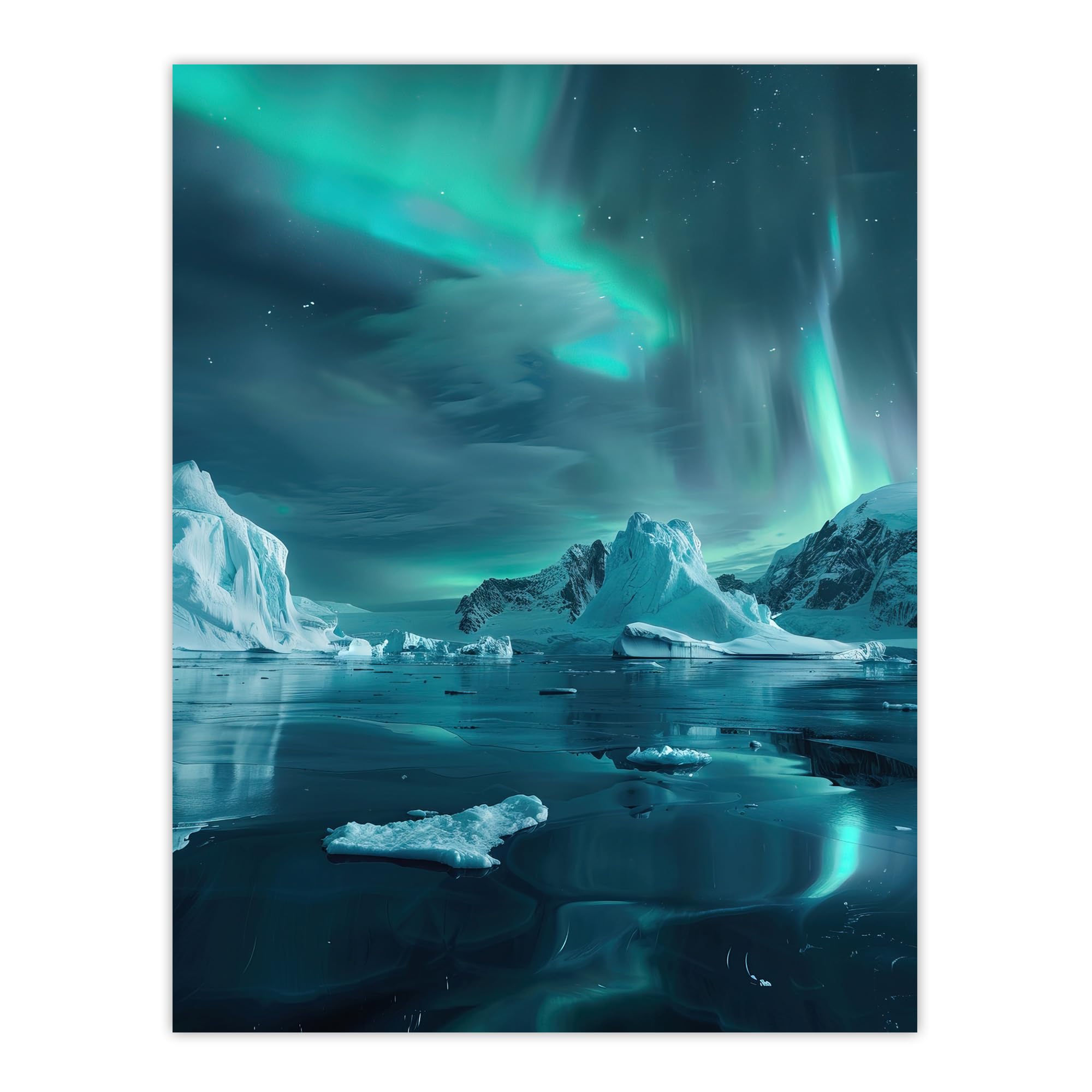 Aurora Australis Antarctica Night Iceberg Seascape Wall Art Print - Blue - W24 inch x H32 inch - Artery8