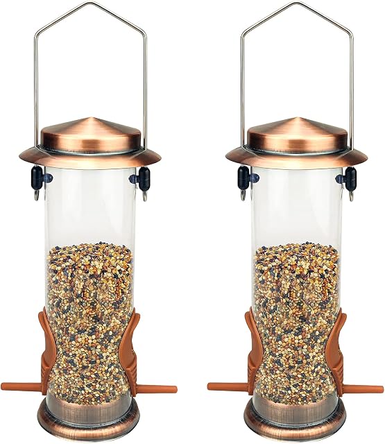 Hanging Bird Feeders Bird Seed Feeder Metal Wild Bird Feeding for Garden 2 Ports Heavy Duty Bird Feeders Weatherproof 2 Packs-Copper