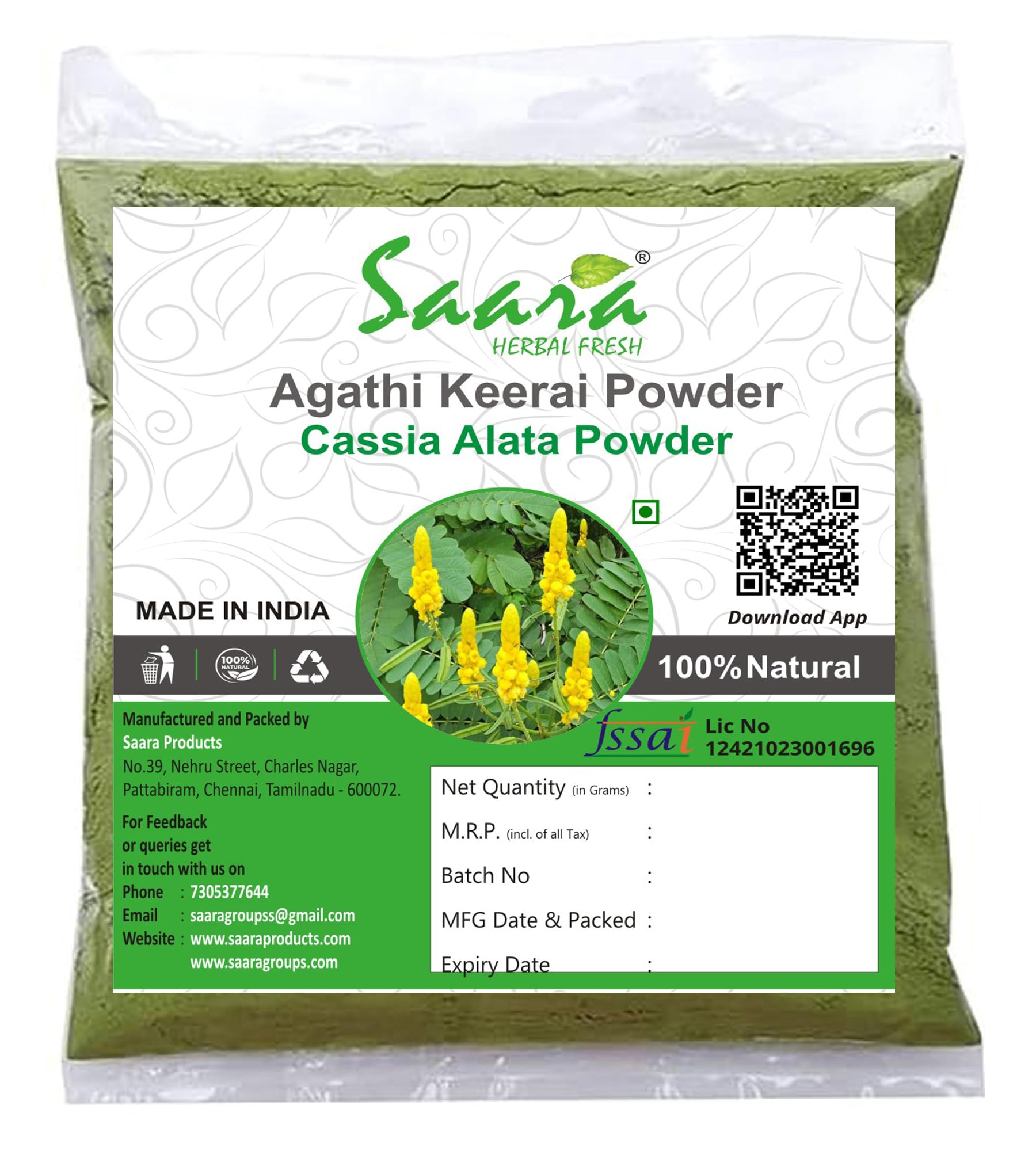 Saara HERBAL FRESH Seemai Agathi Keerai Powder, 250g, Alata Cassia, Alata Leaves Powder, Agasti, Agastya, Bak Phul Leaves Powder, Dirghaphalaka Powder, (pack of 2 x 100g, pack of 1 x 50g) (B09B557N2L) Amazon Price History, Amazon Price Tracker