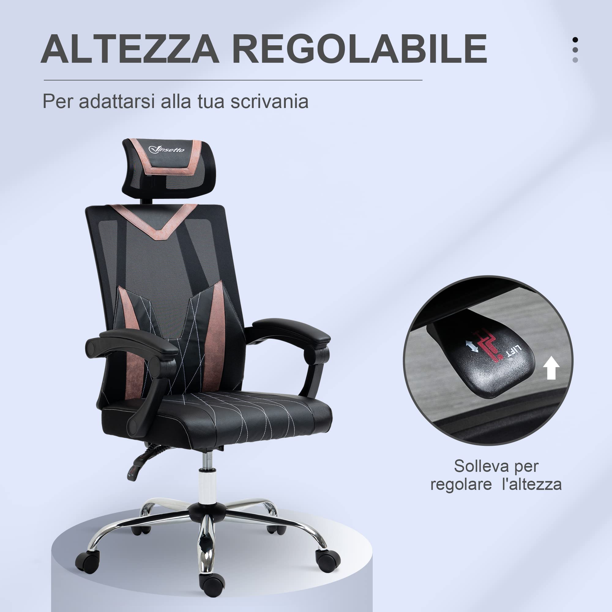 Vinsetto Sedia da Ufficio Ergonomica con Rotelle 58x62.5x112-120cm Rosa