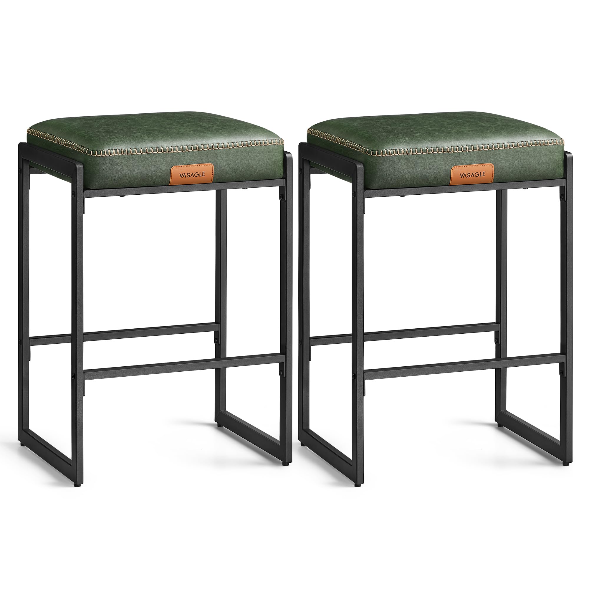 VASAGLE EKHO Collection - Bar Stools Set of 2, Counter Height Bar Stools, Synthetic Leather with Stitching, Mid-Century Modern Counter Stools, 26-Inch Tall, Kichen Home Bar Dining Room, Forest Green