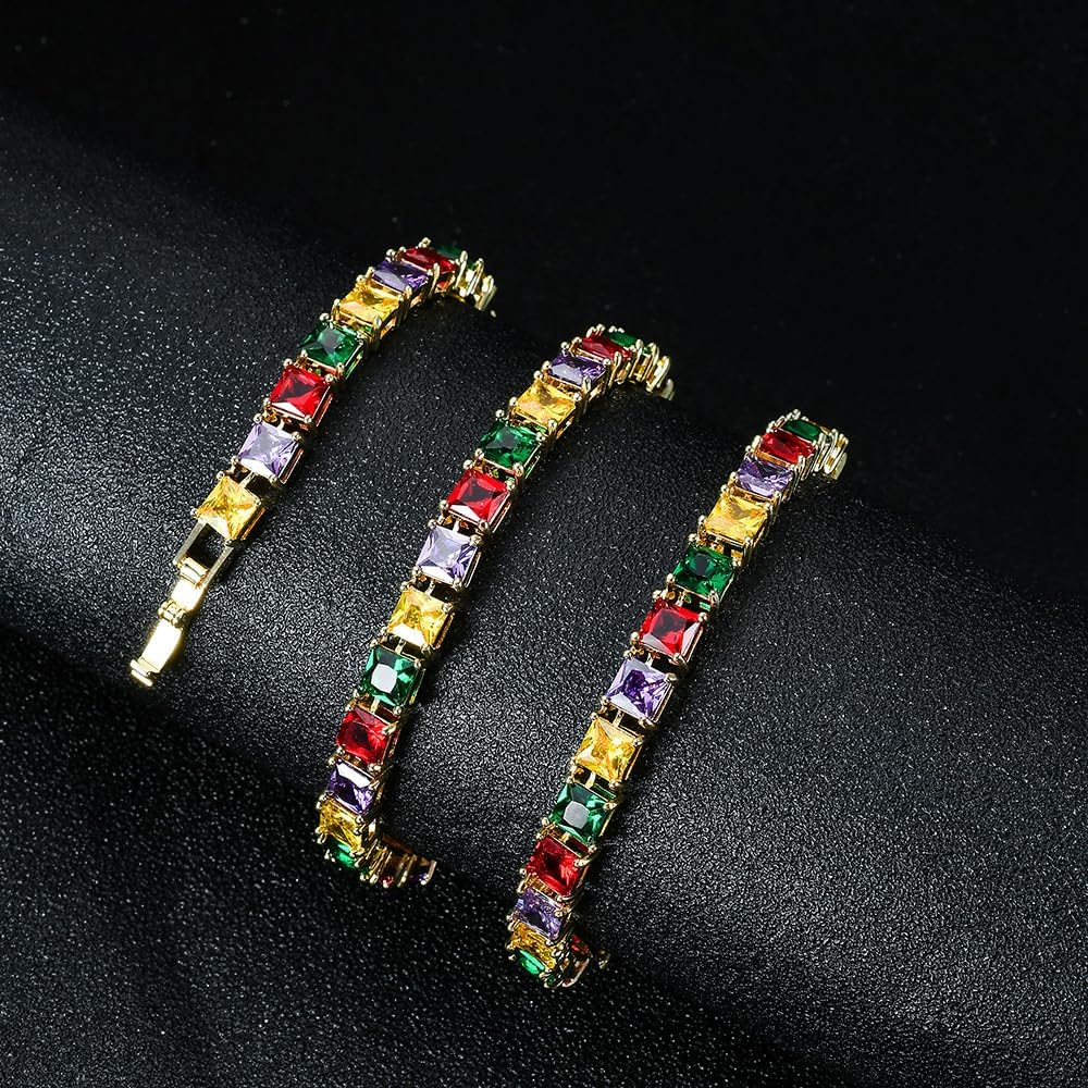 14K Gold Over S925 Micro-Inlaid Four-Color Square Moissanite Necklace, Hip-Hop Trendsetter Jewelry, Fashion Gift for Street Style Lovers