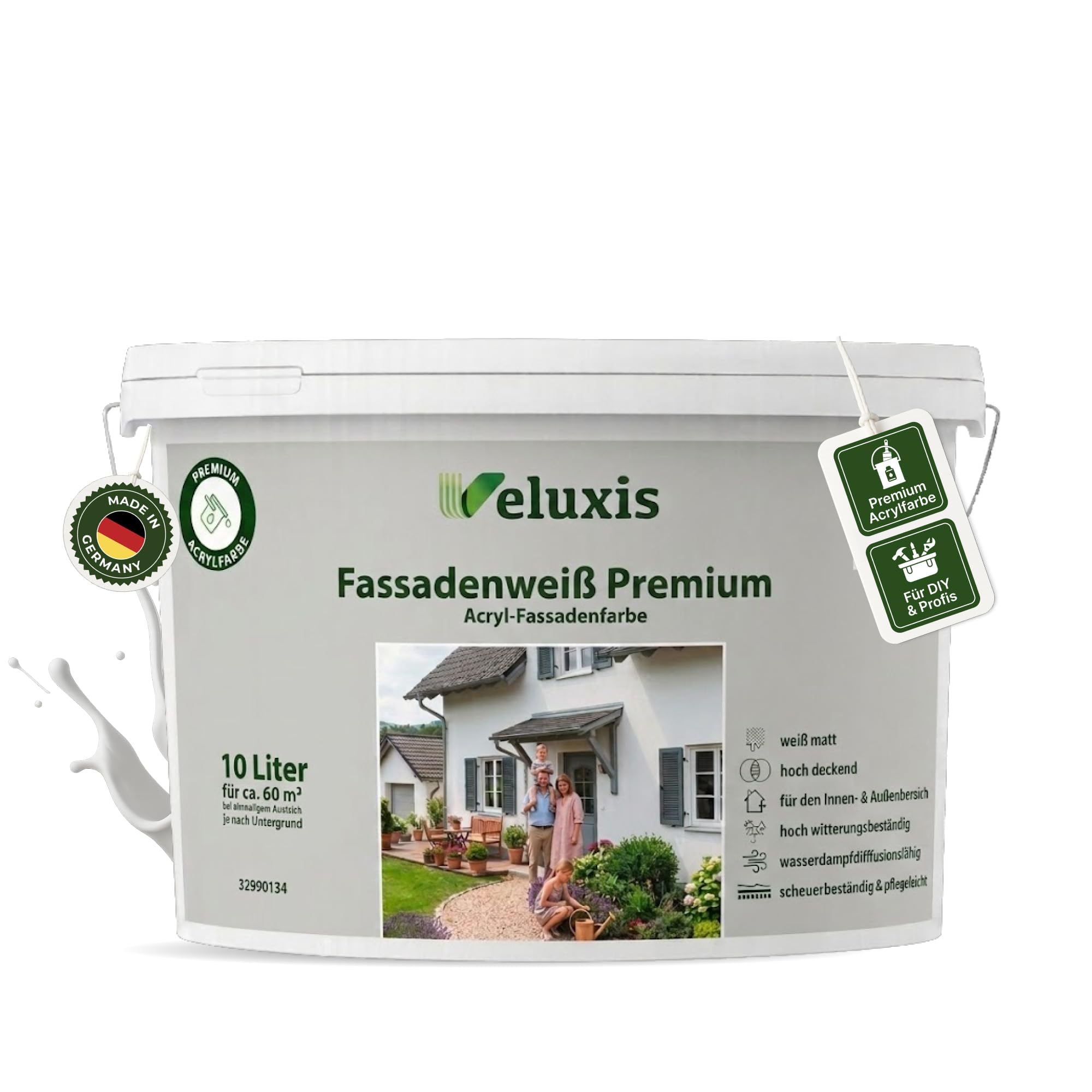 Fassadenfarbe Weiß Premium 10L – Acryl-Fassadenfarbe weiß matt für ca. 60m² | hochdeckend, wetterbeständig, diffusionsoffen, für den Außenbereich, Made in Germany