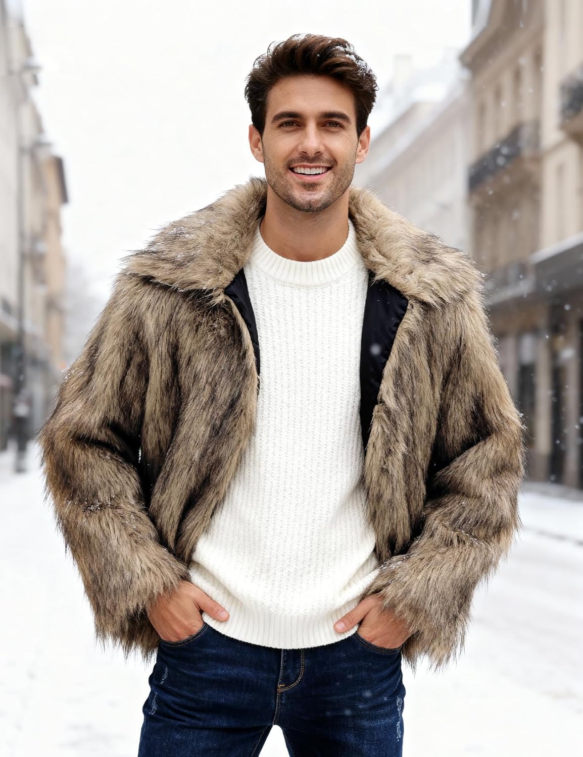 Eisctnd Men's Faux Fur Coat, Warm Fluffy Fuzzy Fleece Jacket with Lapel Collar for Winter Fashion Trench Outerwear - Image 6