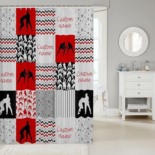 Miniatura 2 de Erosebridal Cortina de ducha personalizada de lucha libre, juego de cortina de ducha a cuadros cuadriculados para niños y hombres, cortina de baño