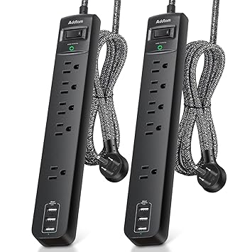 2 Pack Power Strip Surge Protector - 5 Widely Spaced Outlets 3 USB Charging Ports, 1875W/15A with 6Ft Braided Extension Cord, Flat Plug, Overload Surge Protection (6ft)