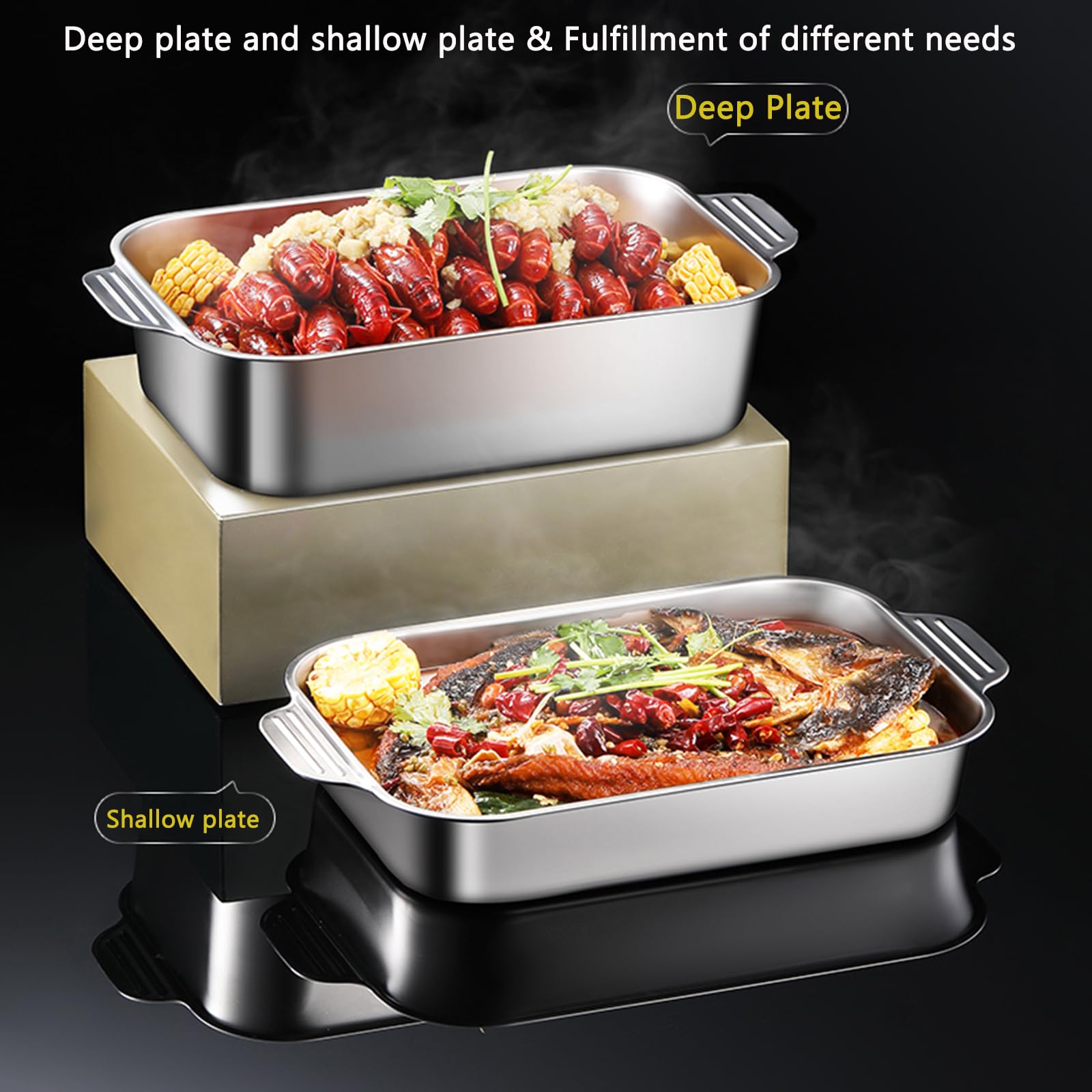 Bandeja rectangular de acero inoxidable para hornear pavos y pescados, bandeja rectangular para servir pasteles, brownies, para lasaña, apta para horno y lavavajillas, 5 tamaños (45 cm, poco profunda)