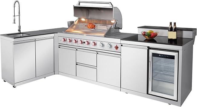 Silver L-shaped Outdoor Kitchen Island with 6 Burner Propane Gas Grill