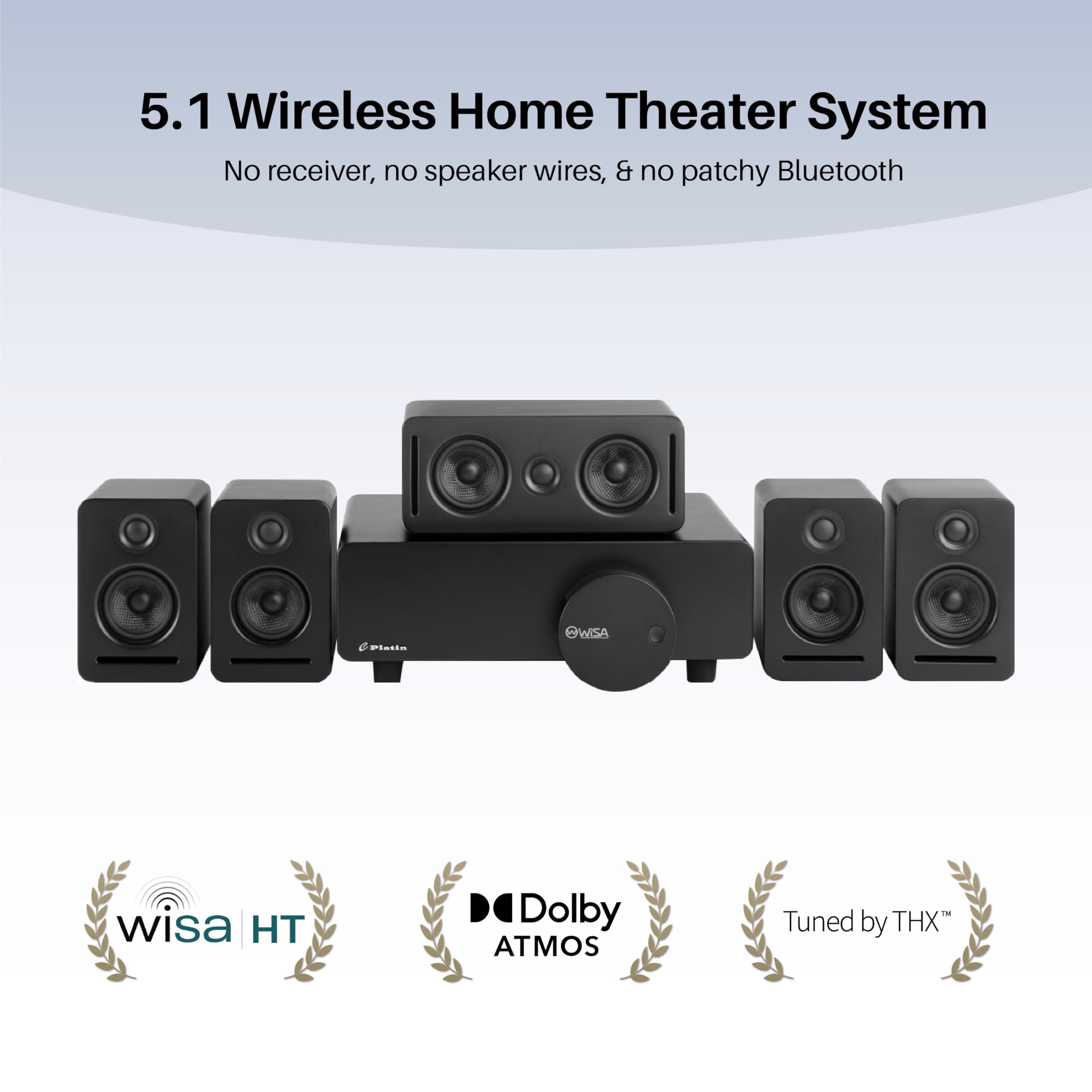 Système audio 5.1 sans fil avec Dolby Atmos – Système audio home cinéma Monaco, système de son surround WiSA, accordé THX, audio 24 bits, pour TV et Xbox, noir