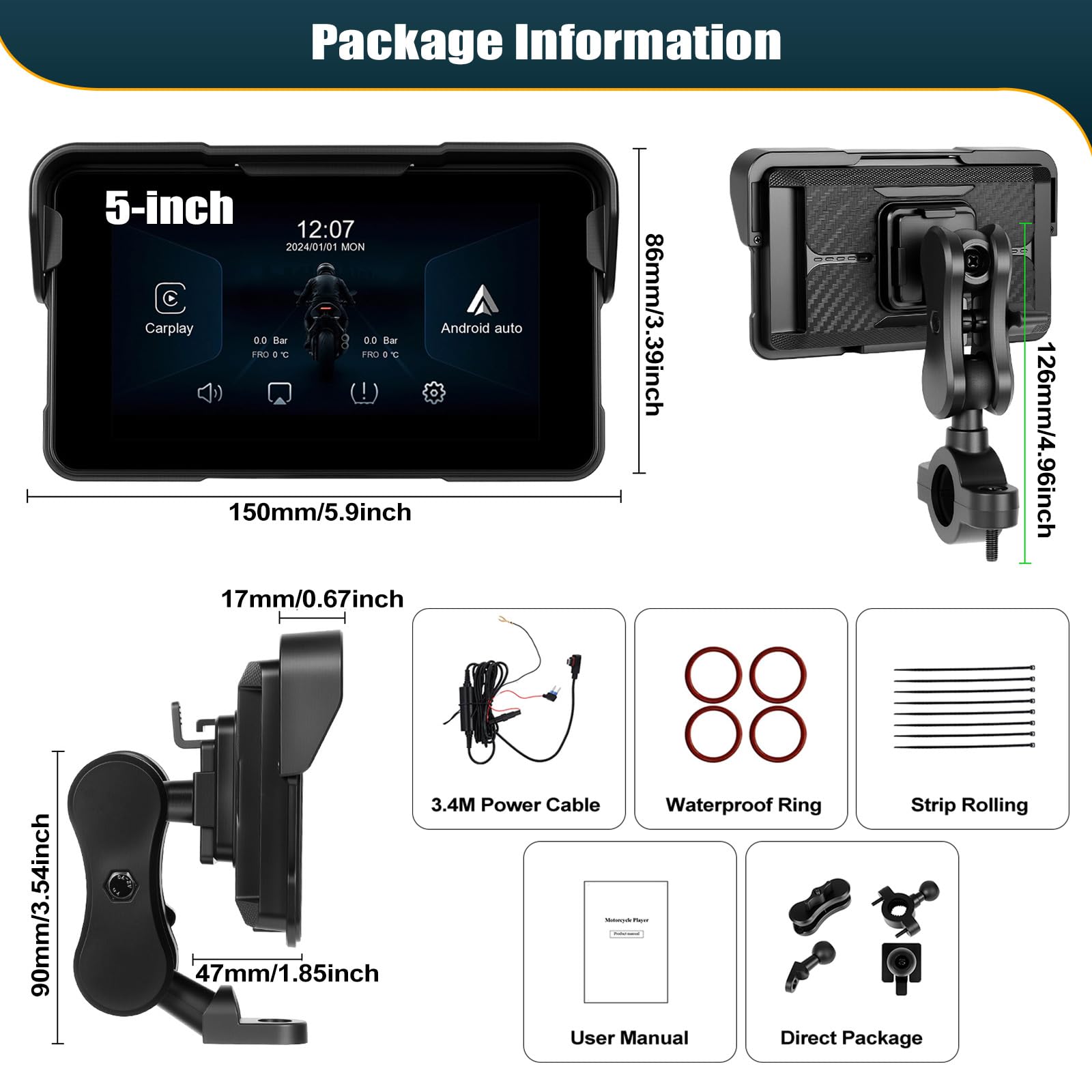 CAMECHO Motorrad Carplay Navi Bildschirm mit Drahtlosem Carplay Android Auto IP68 Wasserdichter Navigationsgeräte, 5 Zoll Touchscreen Bluetooth Display für Motorräder mit Android Cast Airplay