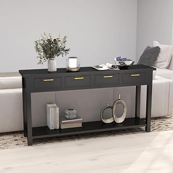 Black Entryway Table 60 Inch - Console Table with 4 Drawers and Open Storage Shelf, Narrow Long Sofa Table for Living Room Hallway with Solid Wood Table Legs