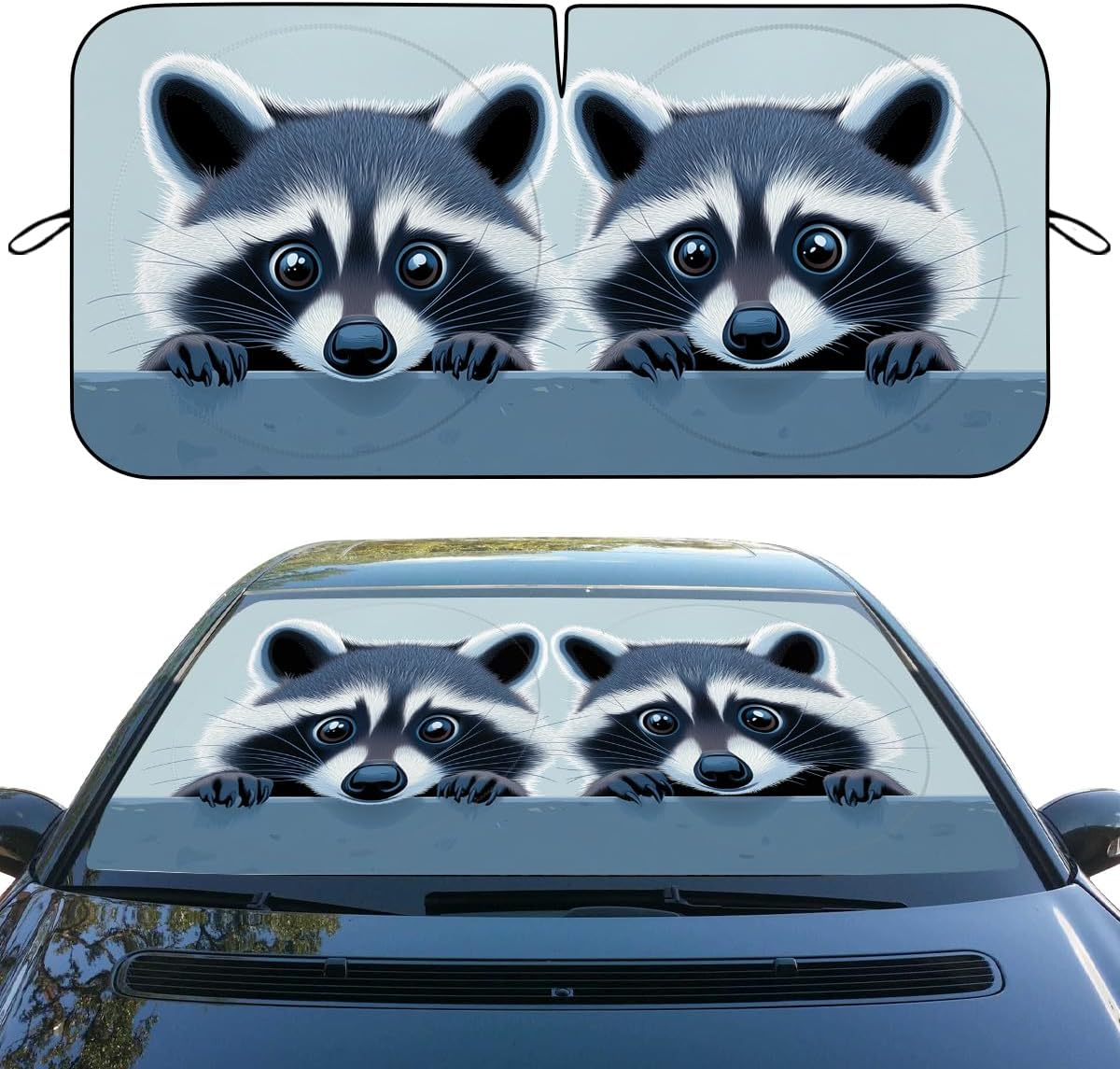 Raccoon Car Window Sun Shield Funny Cute Animal Cartoon Blue Eyes Front Window Sun Shade Rays Sun Shade Visor Protector for Car Sedan Truck SUV Accessories 59" L x 31.5" W