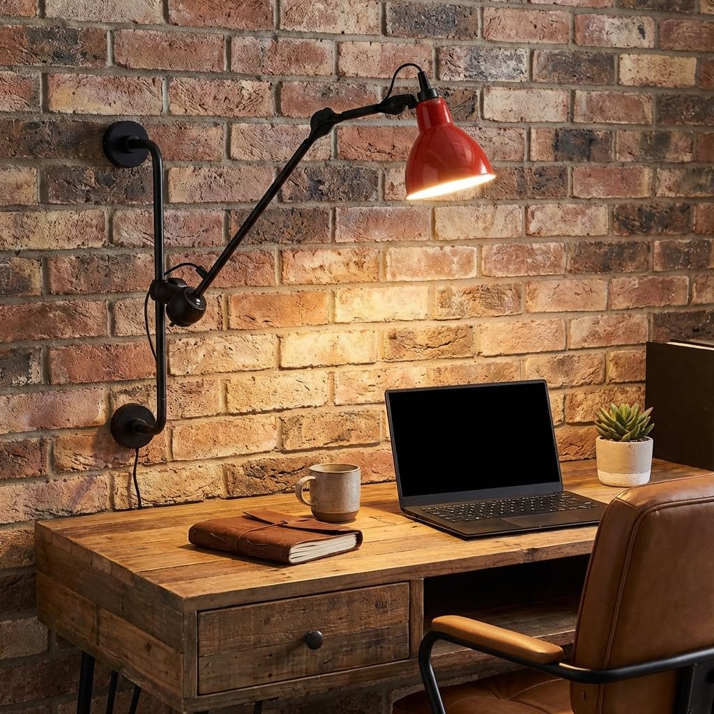 BARCRLONA LED Aplique de pared articulado industrial RUBY 210 con enchufe E27, lámpara de pared orientable 360°, brazo ajustable estilo loft para dormitorio, estudio, oficina, salón o restaurante