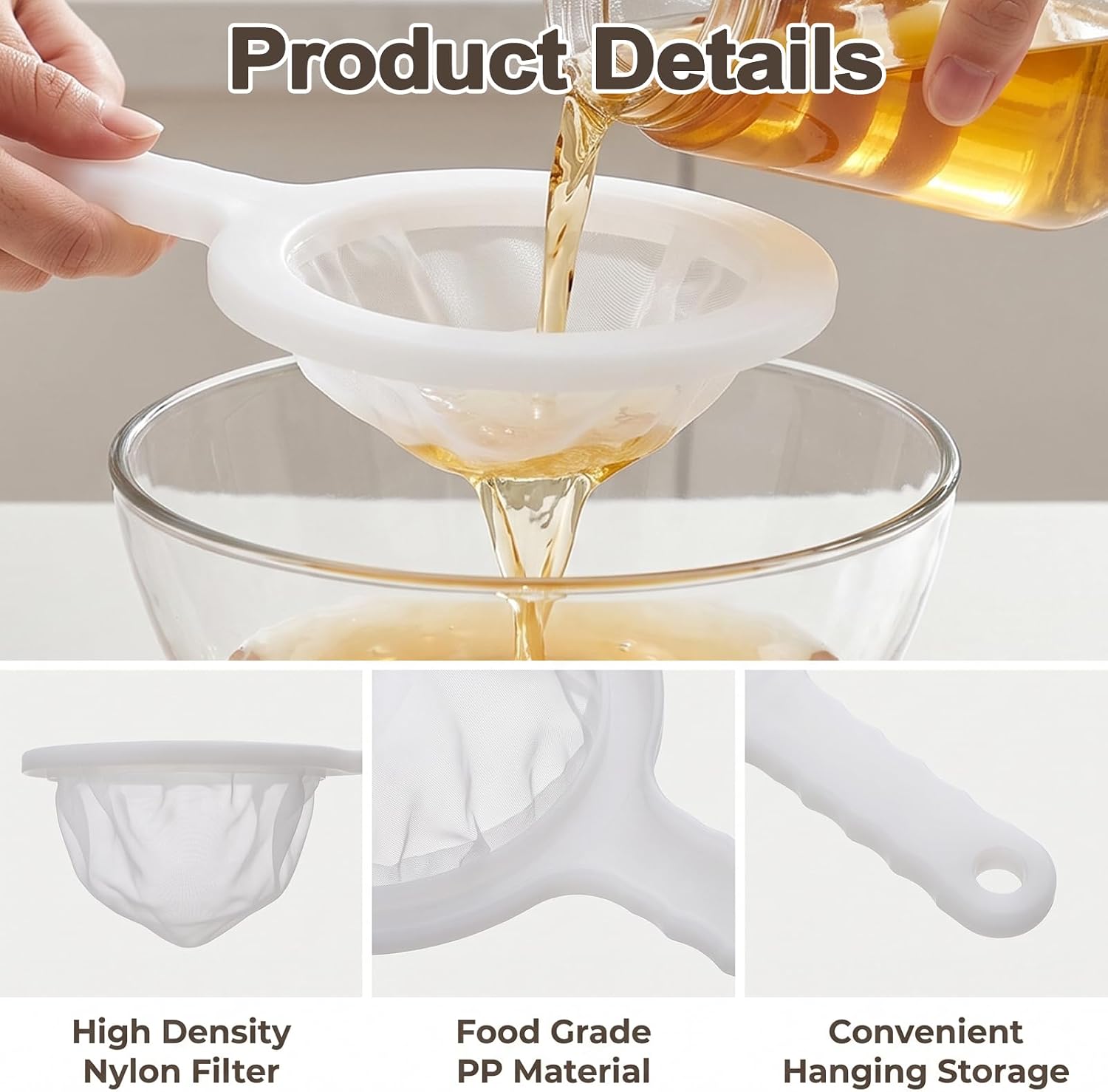 Ultra-Fine Nylon Mesh Strainer, Plastic Fine Mesh Sieve with Handle