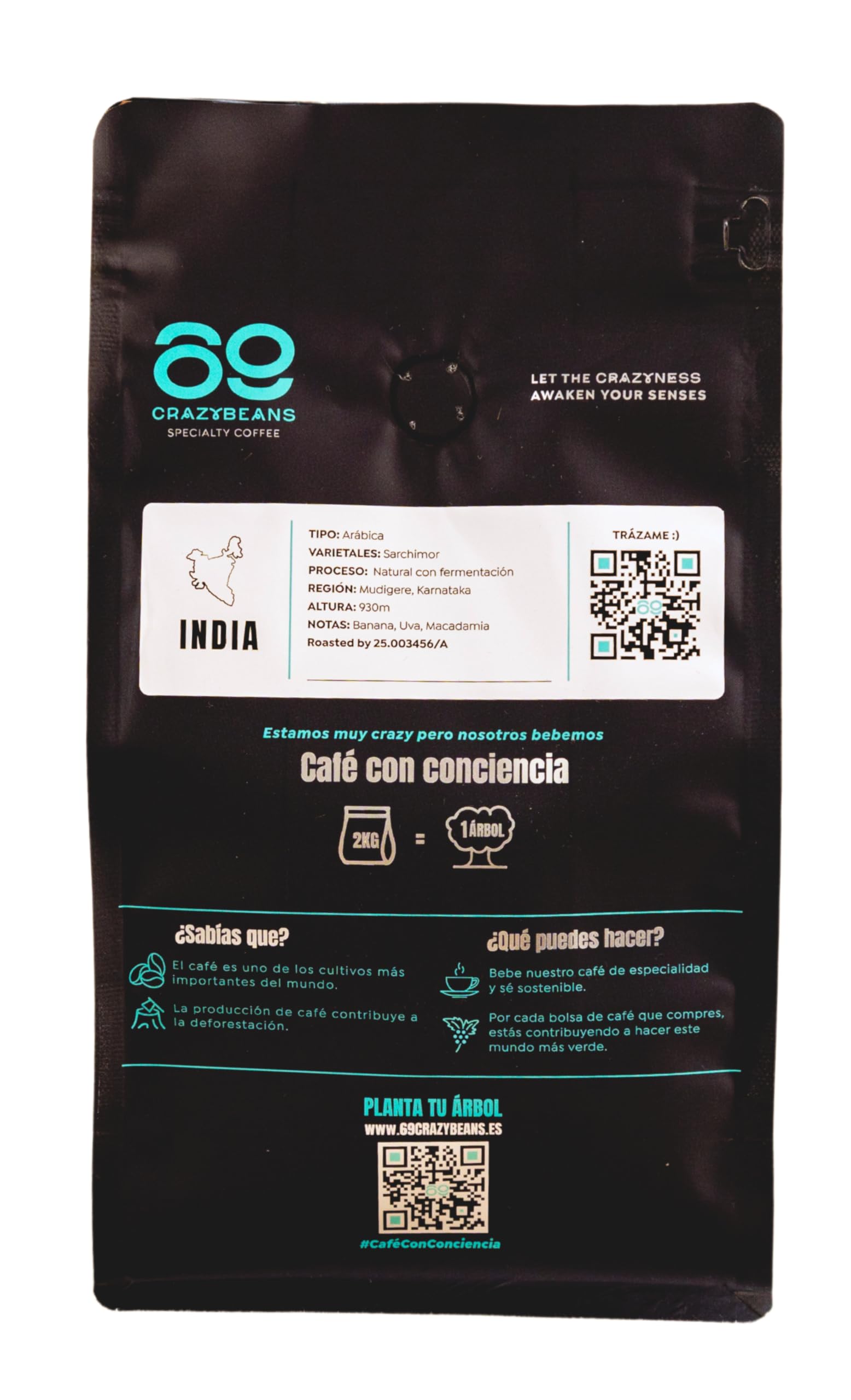 Chicchi di caffè speciali | Indian Sarchimor | 100% Arábica | Natural | 84 puntos SCA | Chikmagalur,Karnataka | 500g | 69 CrazyBeans Specialty Coffee | Chicchi di caffè Arabica naturale