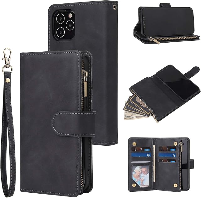 UEEBAI Wallet Case for iPhone 12 iPhone 12 Pro 6.1 inch, Premium Glitter PU Leather Case Magnetic Closure Bling Handbag Zipper Pocket Case Kickstand Card Holder Slots Shockproof Flip Cover - Black
