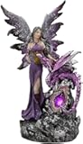 Ebros Beautiful Purple Fairy with Dragon Sitting On LED Crystal Geode Night Light Statue Decorative Mythical Fantasy Forest Magic Figurine Collectible Medieval Fairies Dungeons and Dragons Decor
