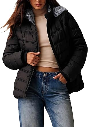 Womens Lightweight Quilted Puffer Jacket Padded Zip Warm Coat Detachable Hooded for Spring and Winter