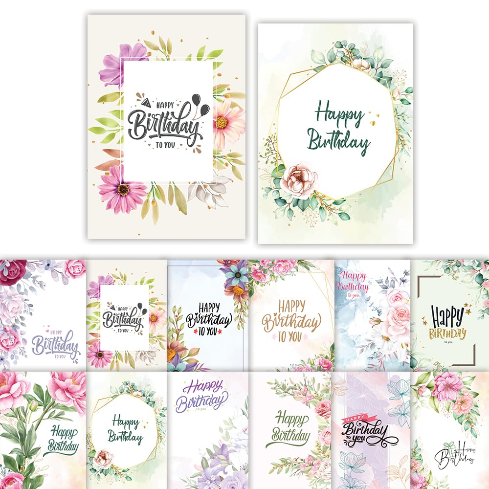 Premify Birthday Cards Multipack Of 24, Birthday Card Set Includes 24 Mixed Happy Birthday Card Designs, Blank Inside, Bulk Birthday Cards & Envelopes - View #8