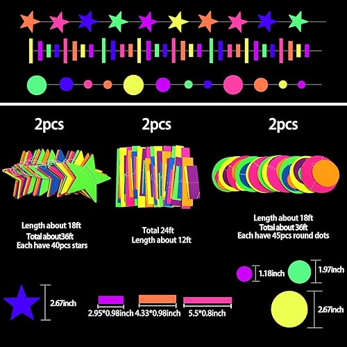 Miniatura 3 de Guirnalda de papel reactivo que brilla en la oscuridad de 726 pies, serpentinas de neón, papel de neón, punto redondo, estrella, kit de pancartas