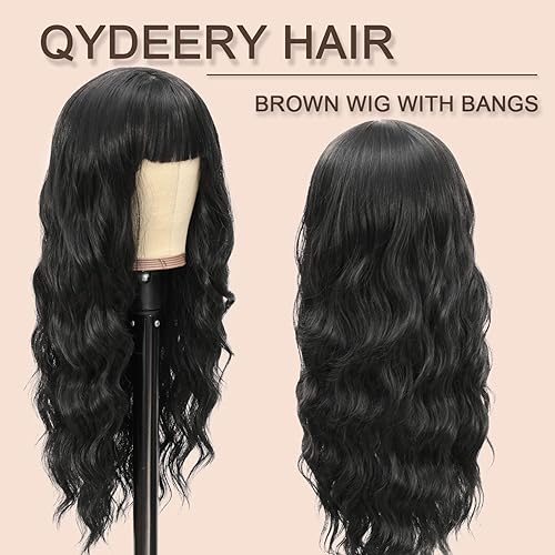 Miniatura 5 de Peluca negra con flequillo, pelucas largas onduladas para mujer, pelucas sintéticas para uso diario, color natural, 26 pulgadas