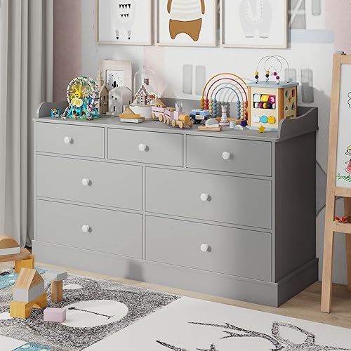 Vabches Kids Dresser Cabinet with 7 Drawers, Changing Table for Nursery, White Chest of Drawers, Baby Dresser, Kids Bedroom Furniture, Nightstand for Child’s Room,Light Grey