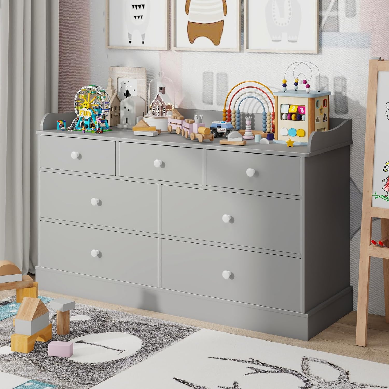 Vabches Kids Dresser Cabinet with 7 Drawers and Large Table Top, Multi-Functional Chest of Drawers, Baby Dresser, Kids Bedroom Furniture, Nightstand for Child’s Room, Light Grey