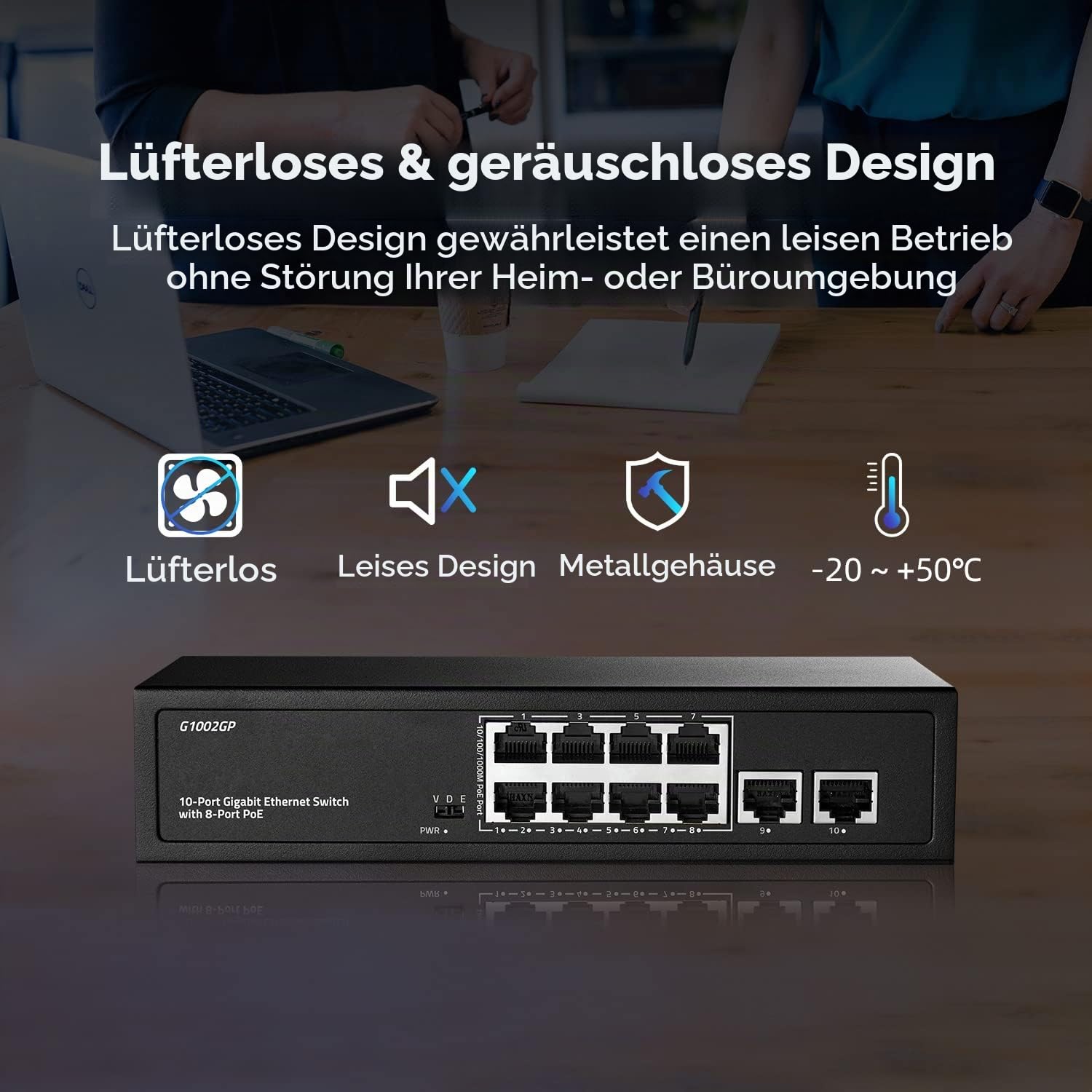 10 Port Gigabit PoE Switch, 8 Port PoE+ and 2 Uplink, 10/100/1000Mbps, IEEE802.3af/at Max 120W, Fanless Unmanaged Plug&Play Ethernet Switch