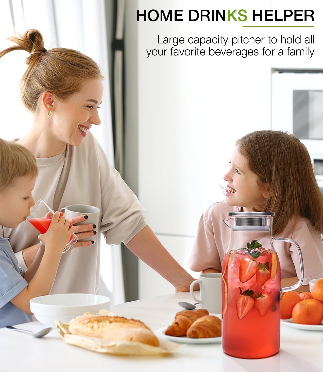 LUNA&MANTHA Glass Pitcher, 2 Liter 68oz Water Pitcher with Lid and Spout, Large Ice Tea Jug for Fridge, Thick Drink Jug with Handle for Juice, Coffee, Borosilicate Glass Carafe Hot/Cold Beverage - Image 6