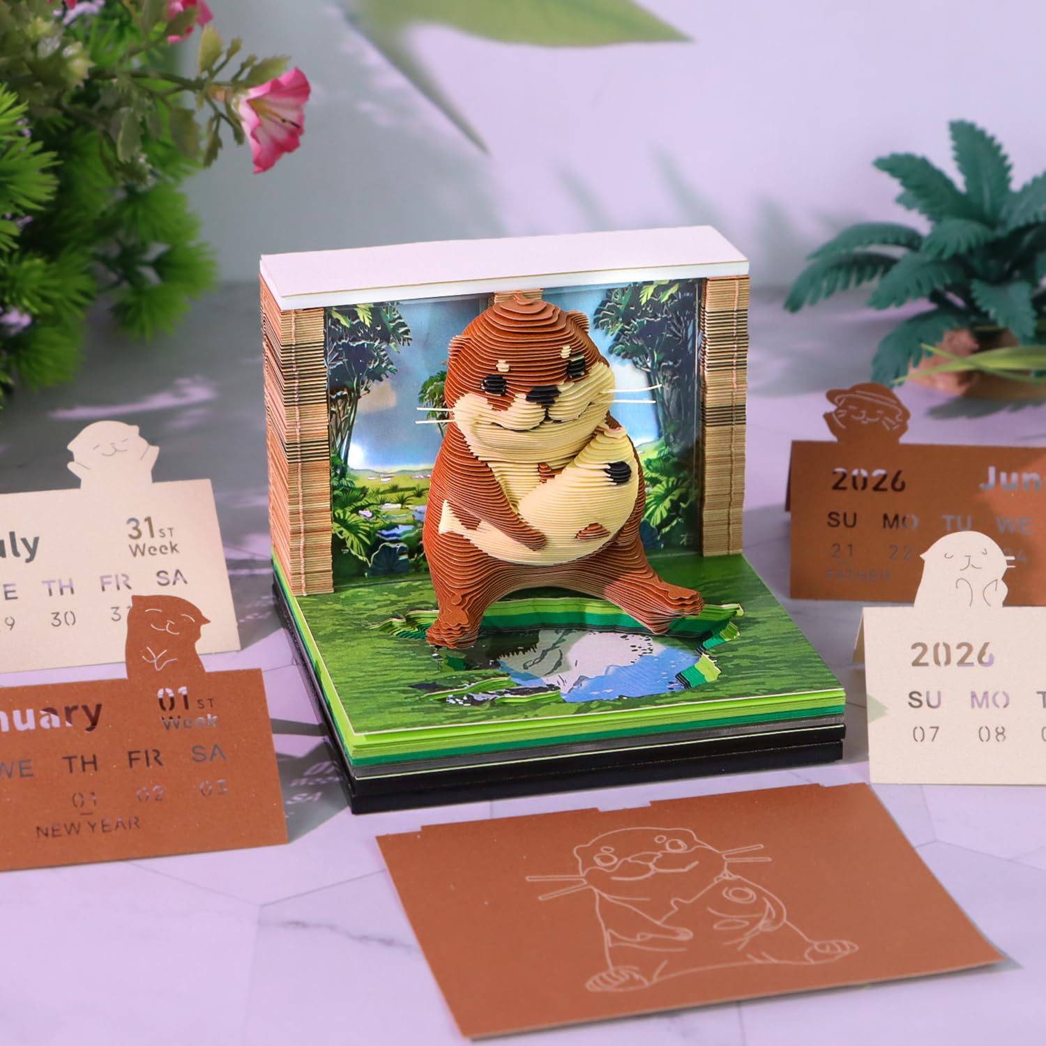 3D Calendar 2026, Timepiece Calendar 2026 with Memo Pad Notepad, Creative Weekly Planner Desk Decoration, Tear-Away 3D Artsy Pads, New Year Gift for Home Office (Battery NOT Included) (Sea Otter)
