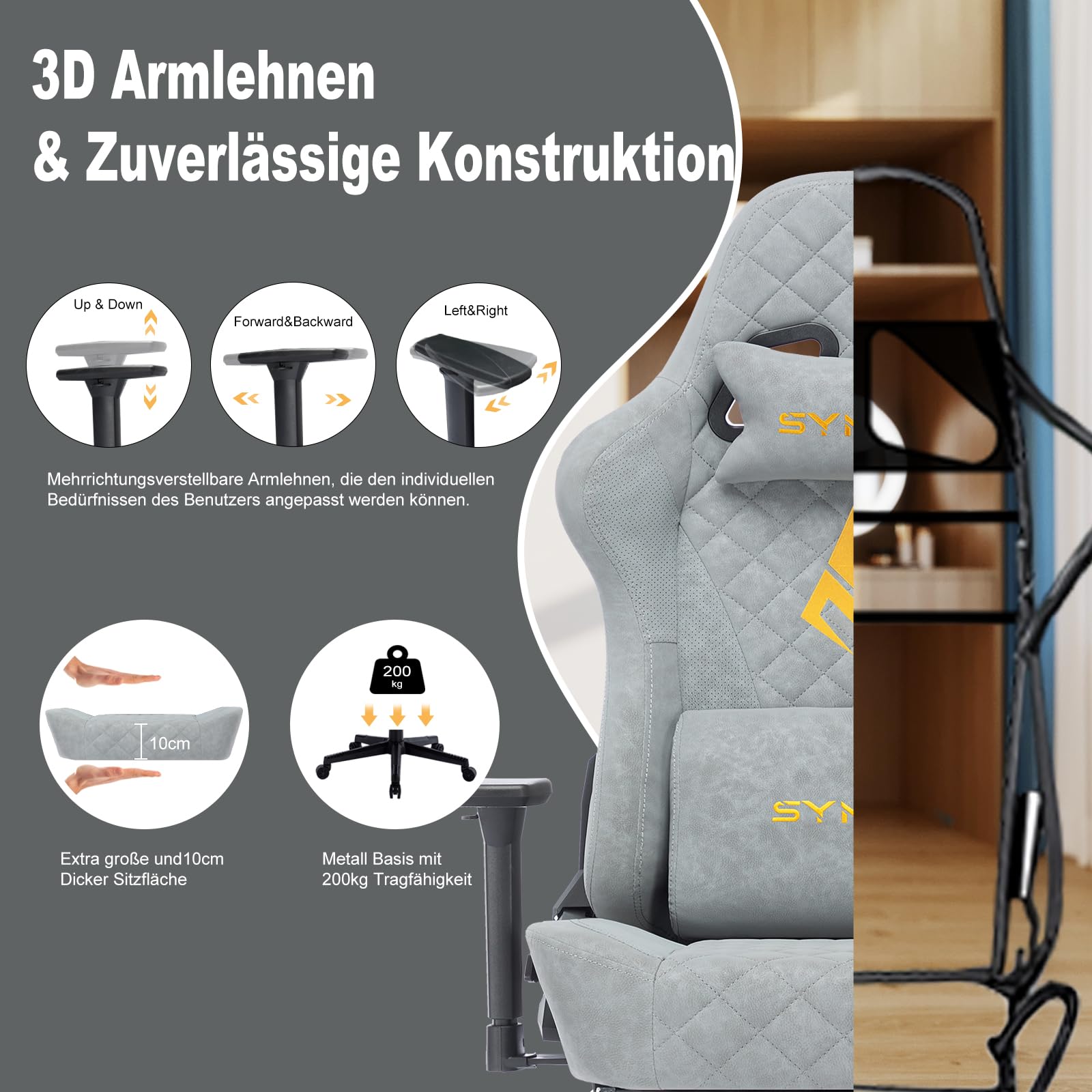 Symino Chaise Gamer Ergonomique - Fauteuil de Bureau avec Repose-Pieds Télescopique, Support Lombaire et Hauteur Réglable - 200kg (Simili Cuir Grey)