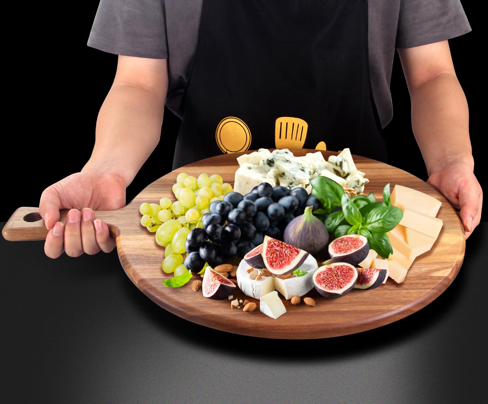 Extra großes Schneidebrett und Servierbrett aus Akazienholz, rund, 53,3 x 40,6 cm, Charcuteriebretter für Fleisch, Brot, Käse, Pizza und Schnitzen