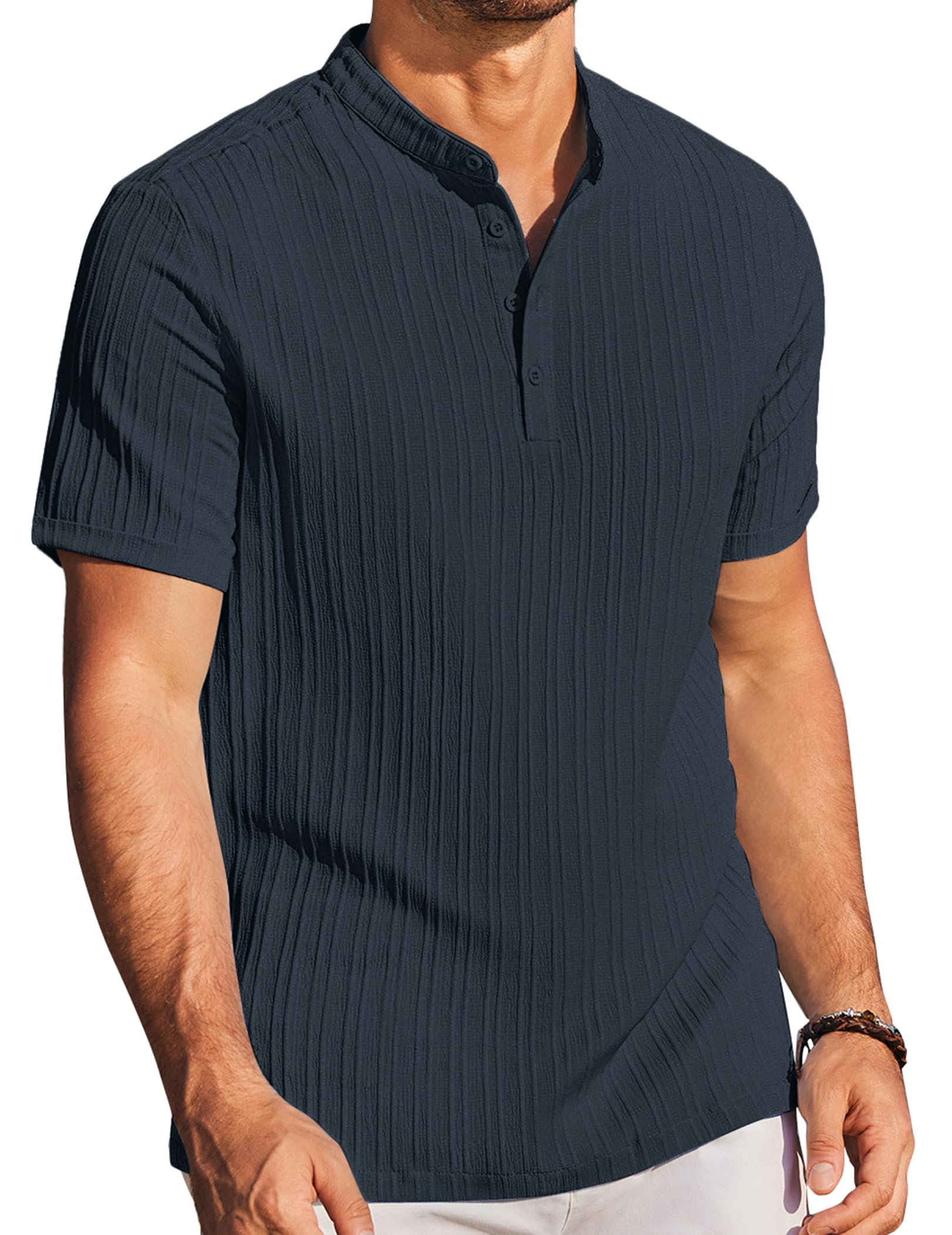 Men's Casual Short Sleeve Shirts Henley Shirt Band Collar Summer Beach Textured Shirts