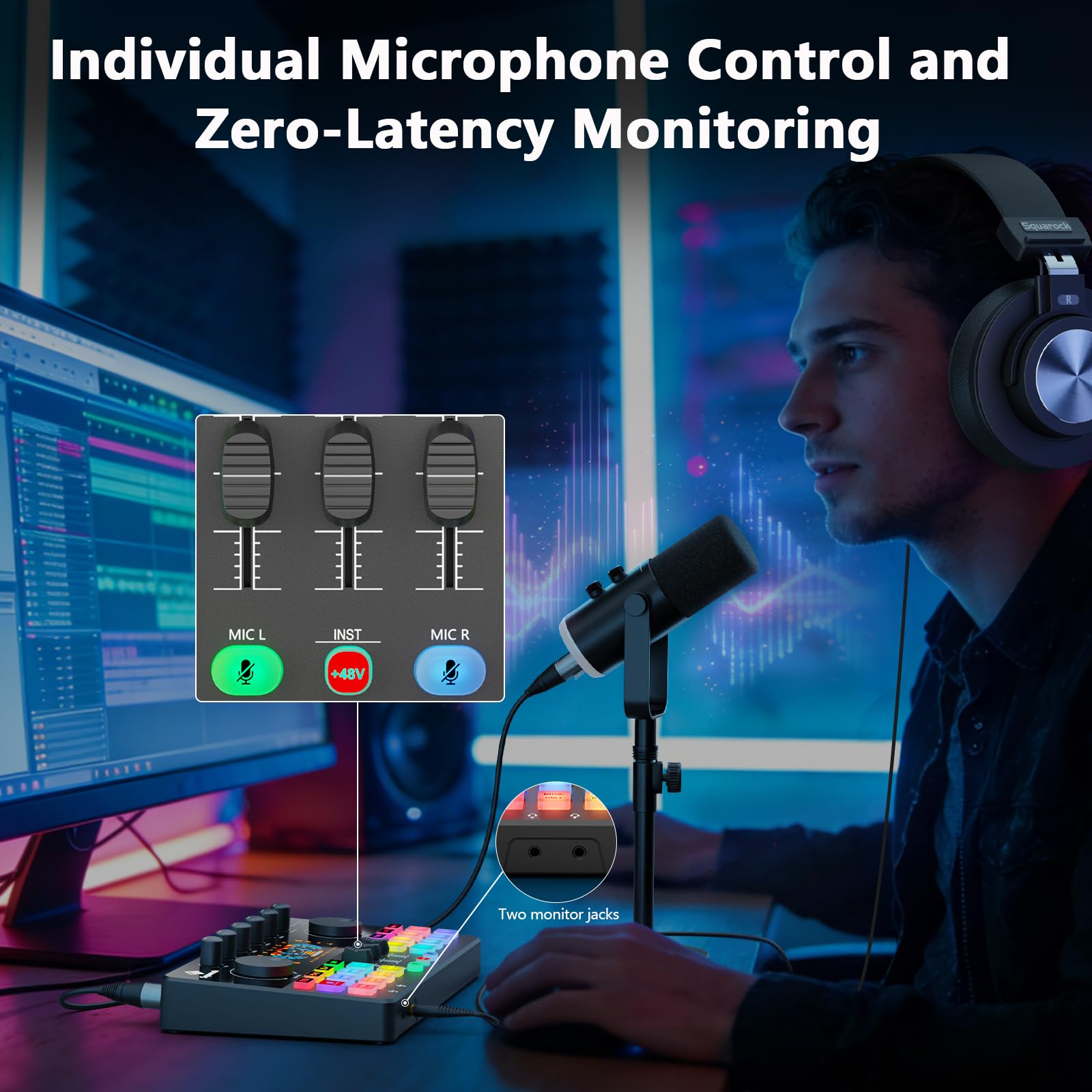 Paquete de equipos de podcast para 2, interfaz de audio con 2 micrófonos dinámicos XLR/USB, 2 soportes de micrófono de escritorio y 2 auriculares, RGB, cambio de voz para grabación vocal, podcast